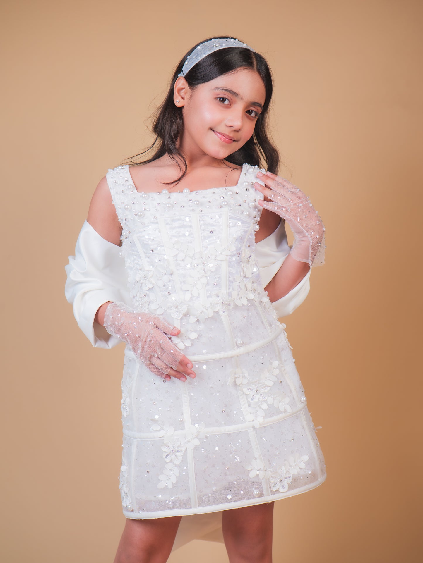 Pearl White Embellished Party Dress