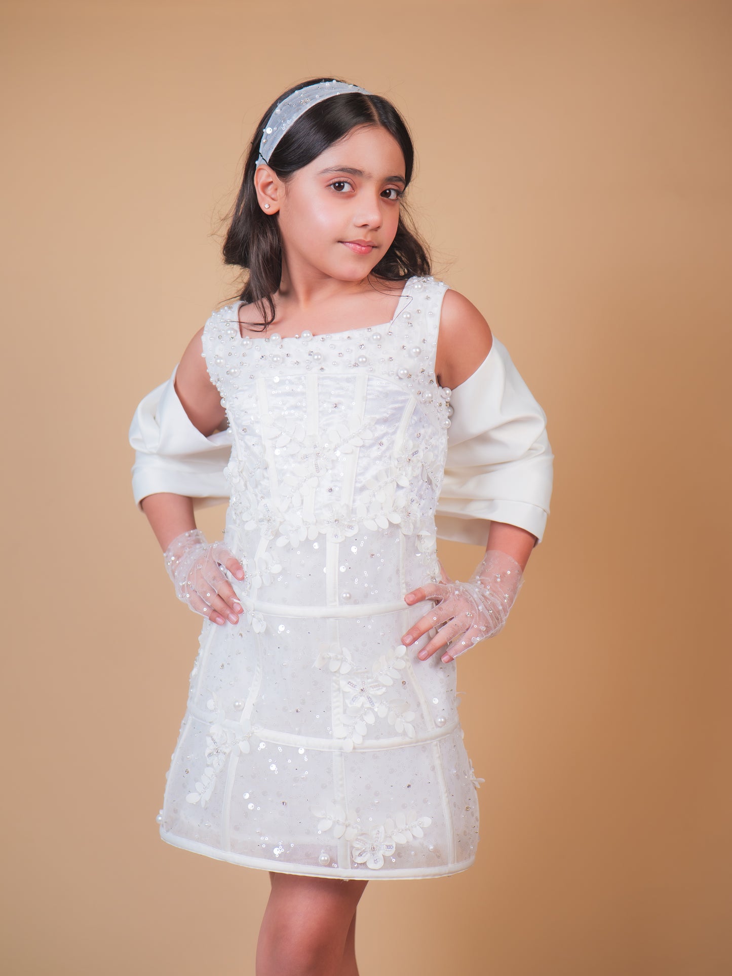Pearl White Embellished Party Dress