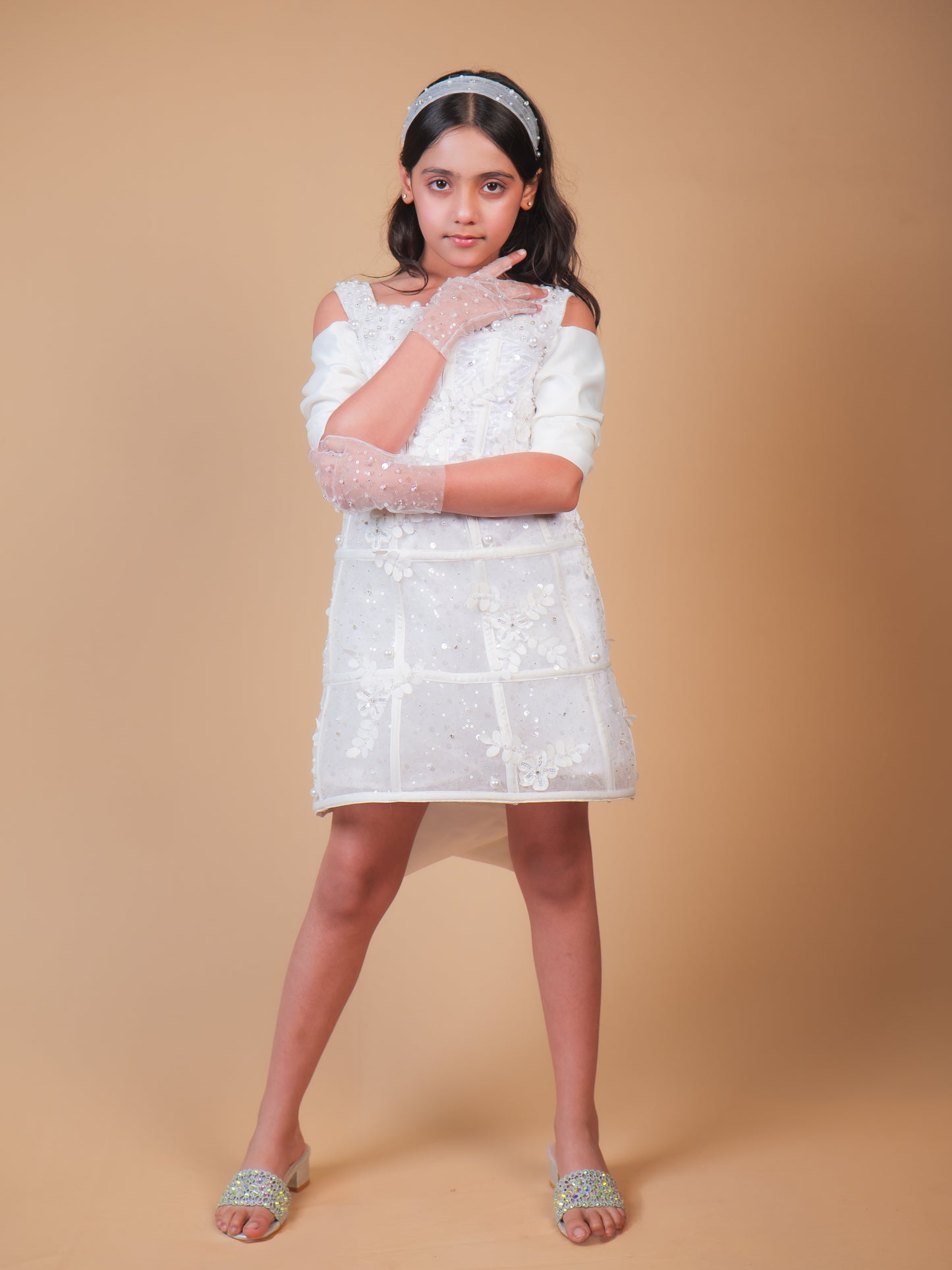 Pearl White Embellished Party Dress