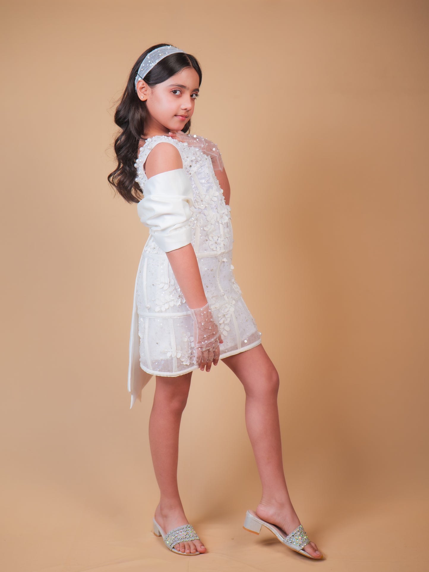 Pearl White Embellished Party Dress