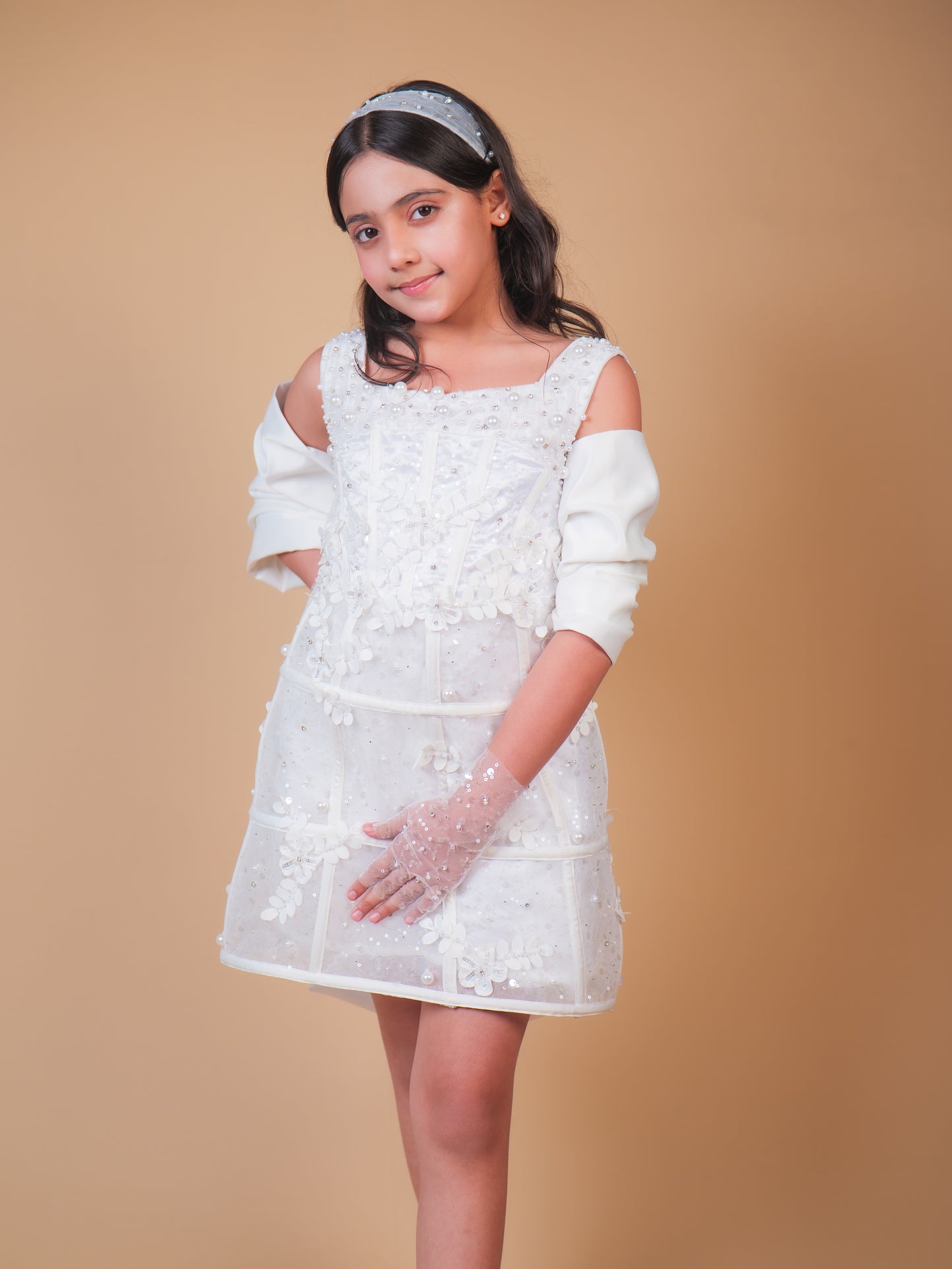 Pearl White Embellished Party Dress