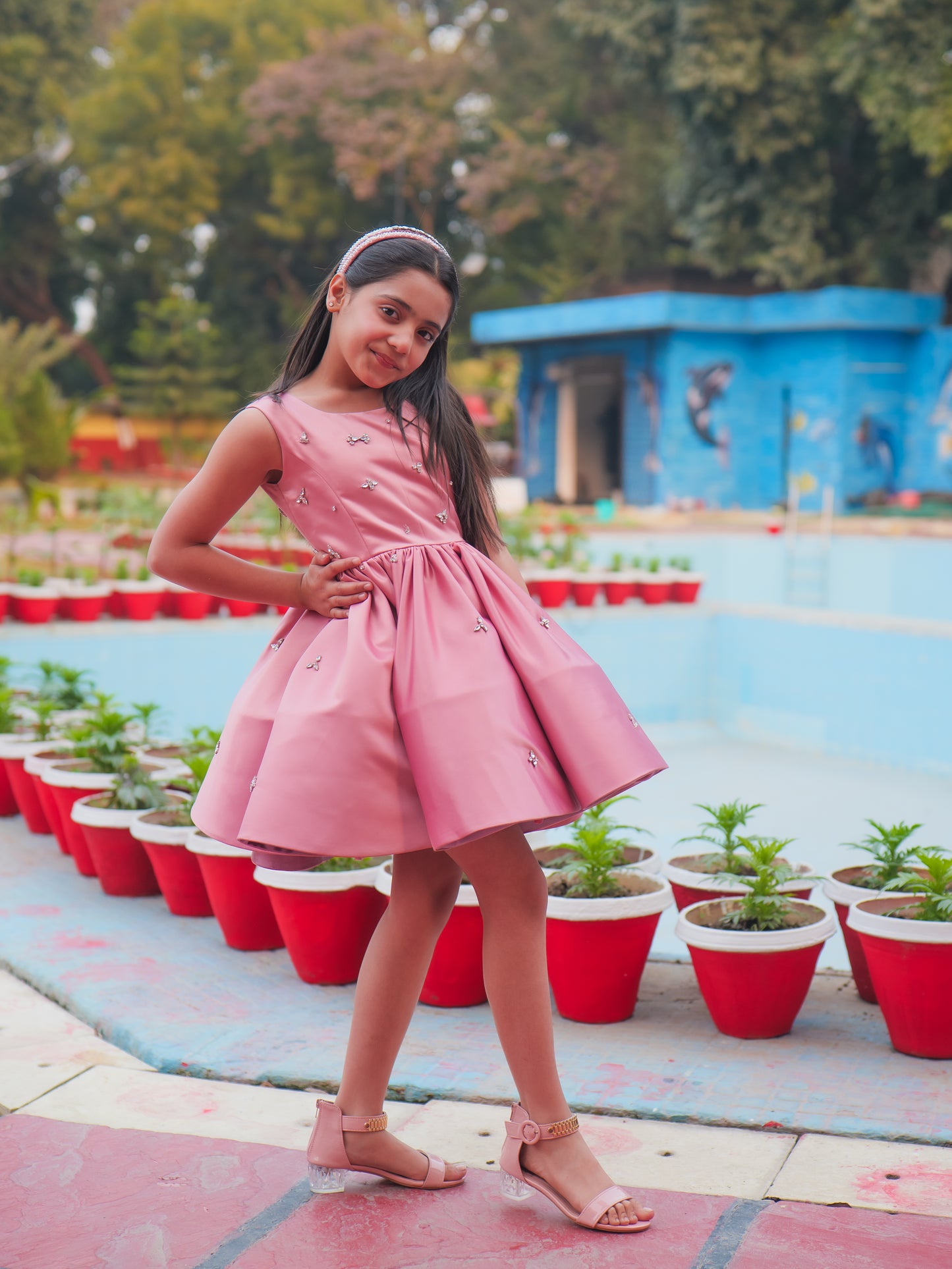 Pink Crystal Embellished Satin Party Dress