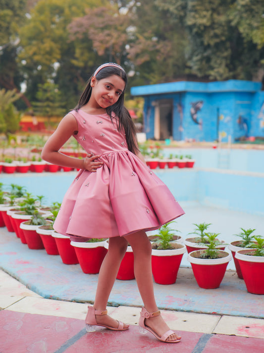 Pink Crystal Embellished Satin Party Dress