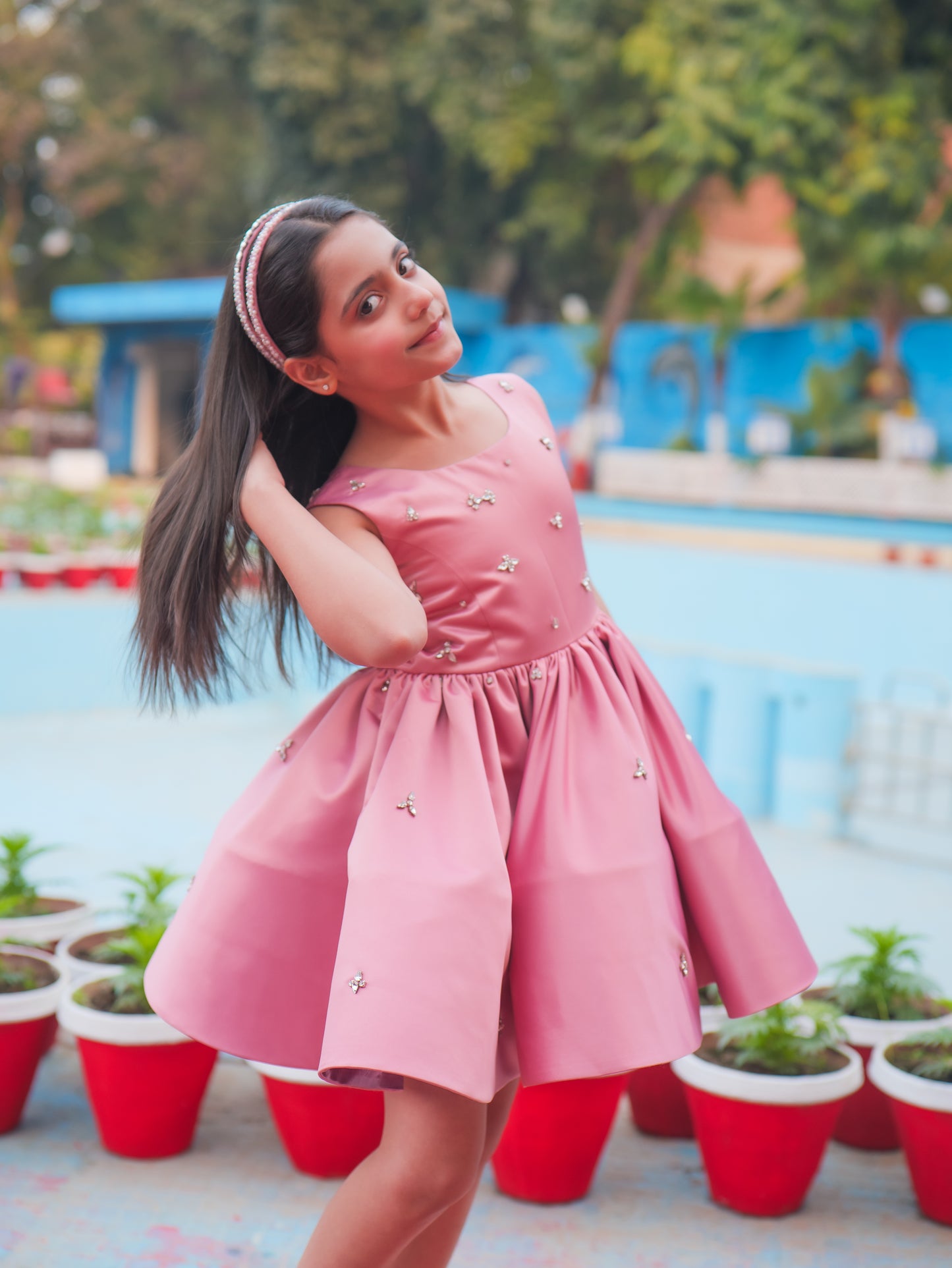 Pink Crystal Embellished Satin Party Dress