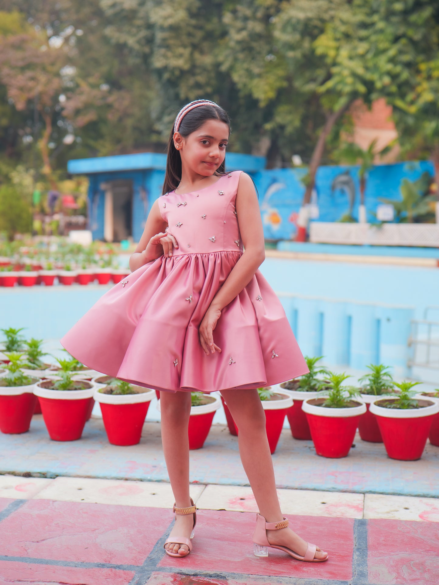 Pink Crystal Embellished Satin Party Dress