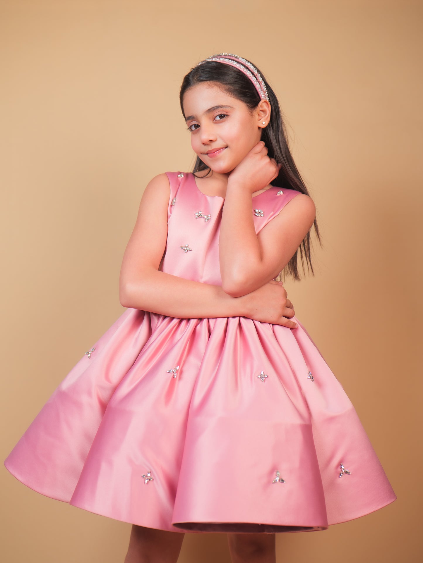 Pink Crystal Embellished Satin Party Dress