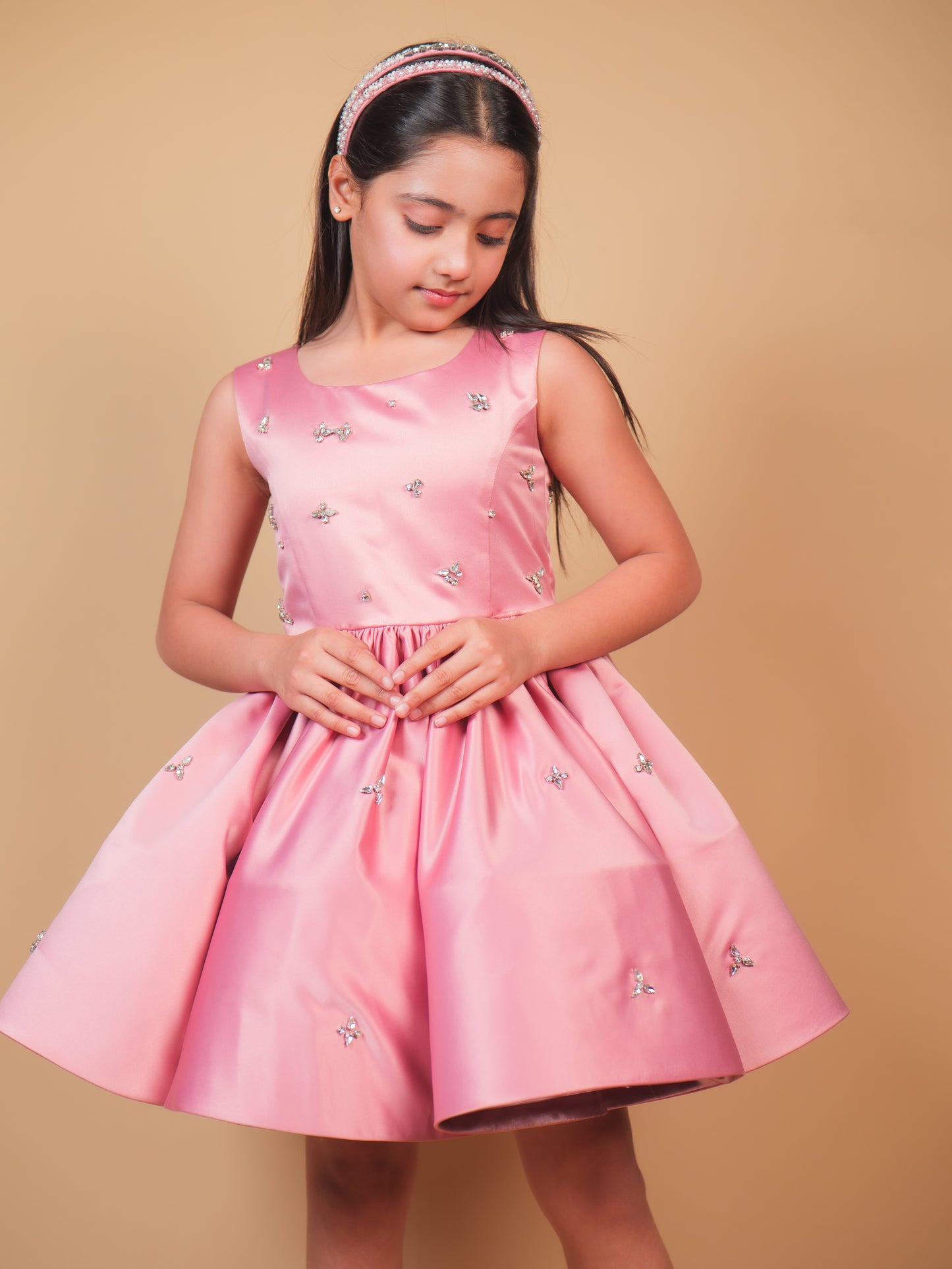 Pink Crystal Embellished Satin Party Dress