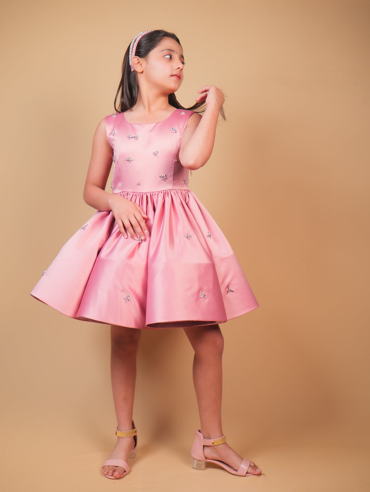 Pink Crystal Embellished Satin Party Dress
