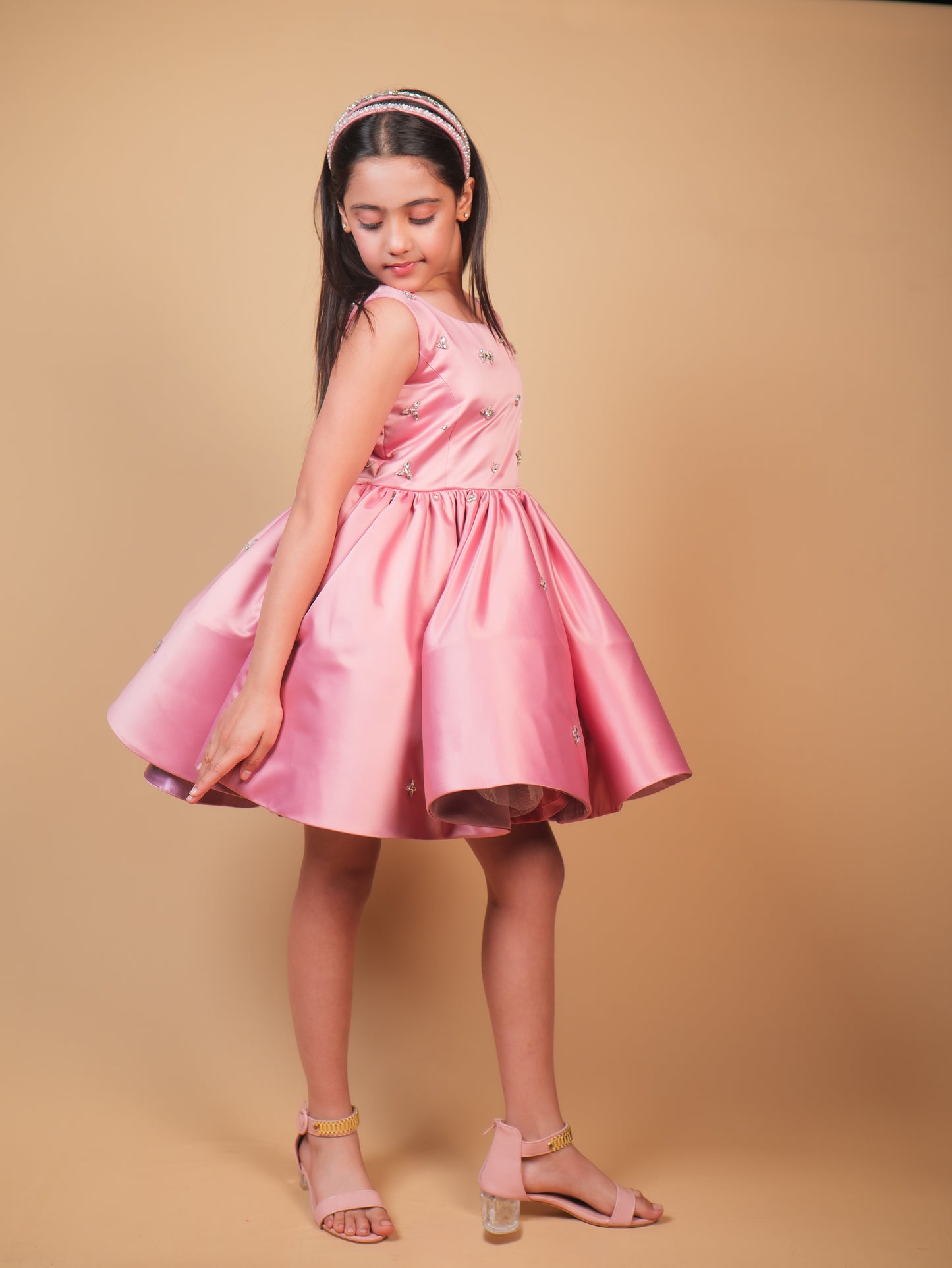 Pink Crystal Embellished Satin Party Dress
