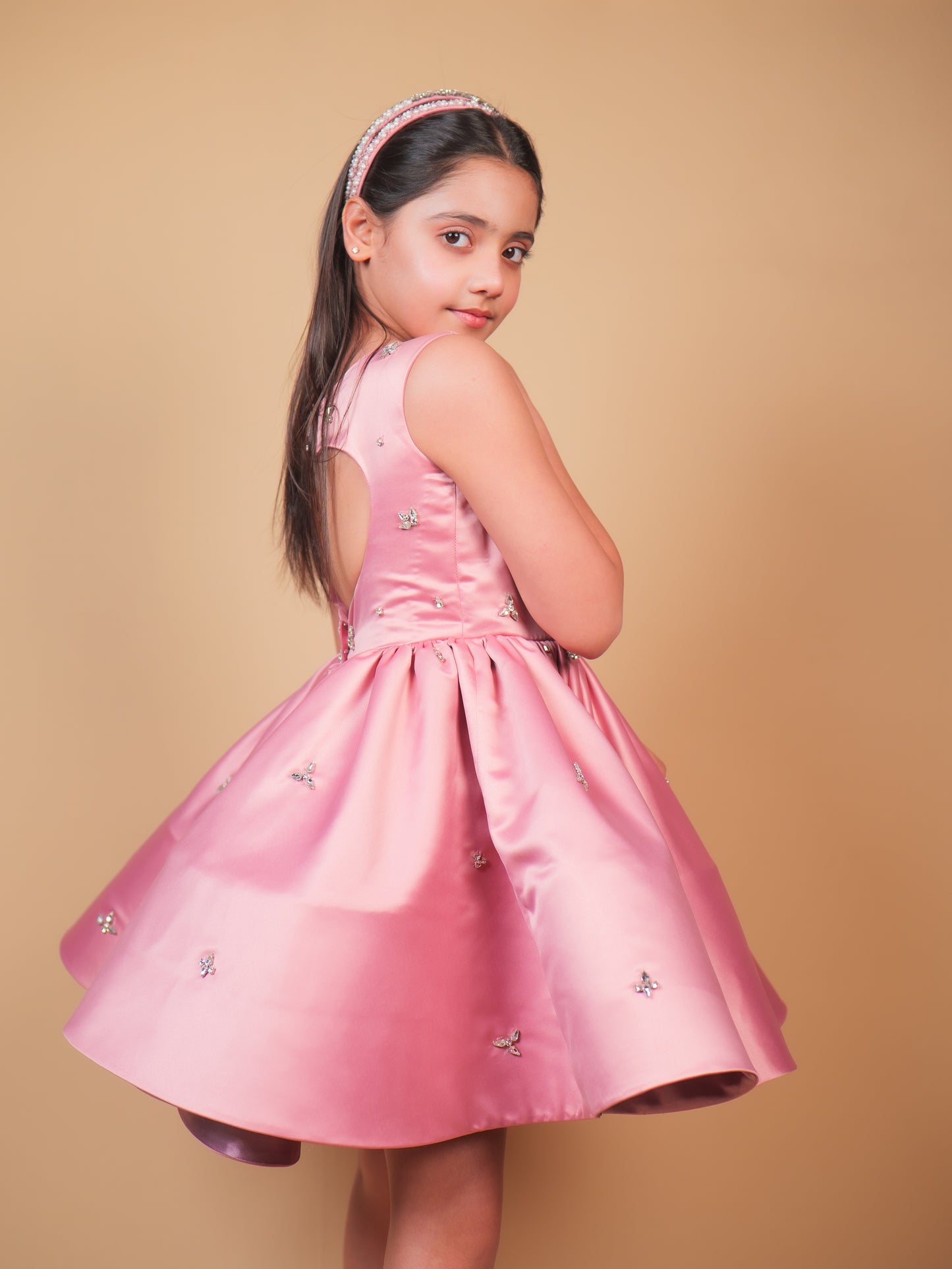 Pink Crystal Embellished Satin Party Dress