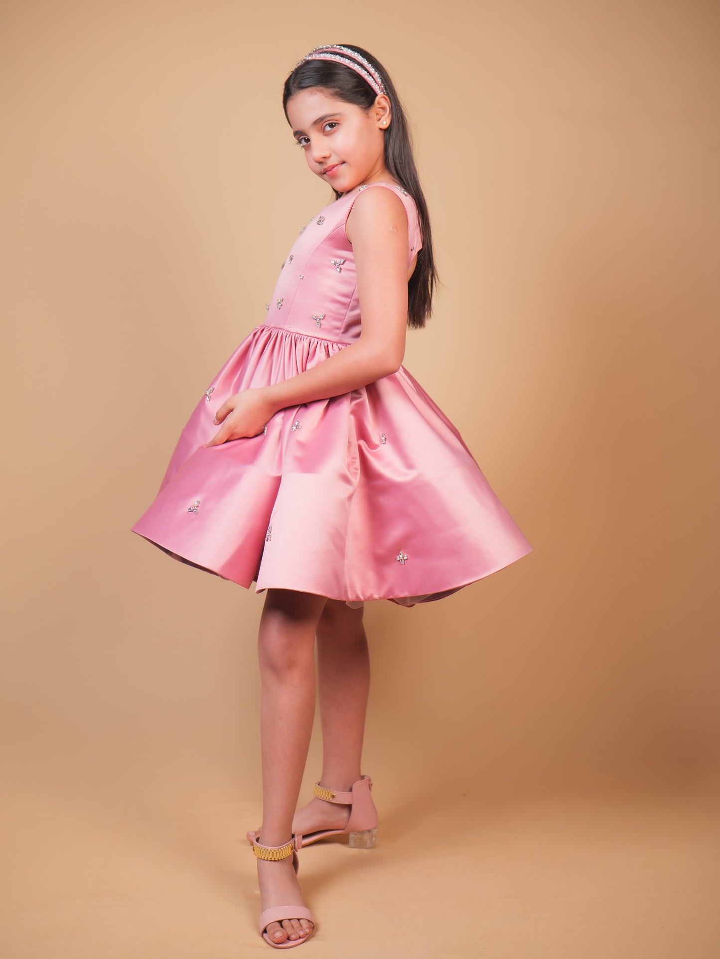 Pink Crystal Embellished Satin Party Dress