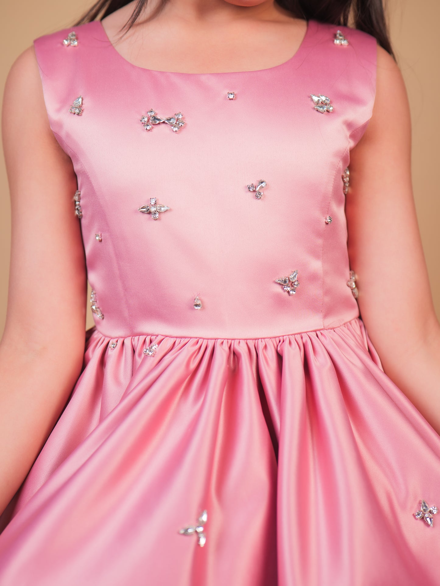 Pink Crystal Embellished Satin Party Dress