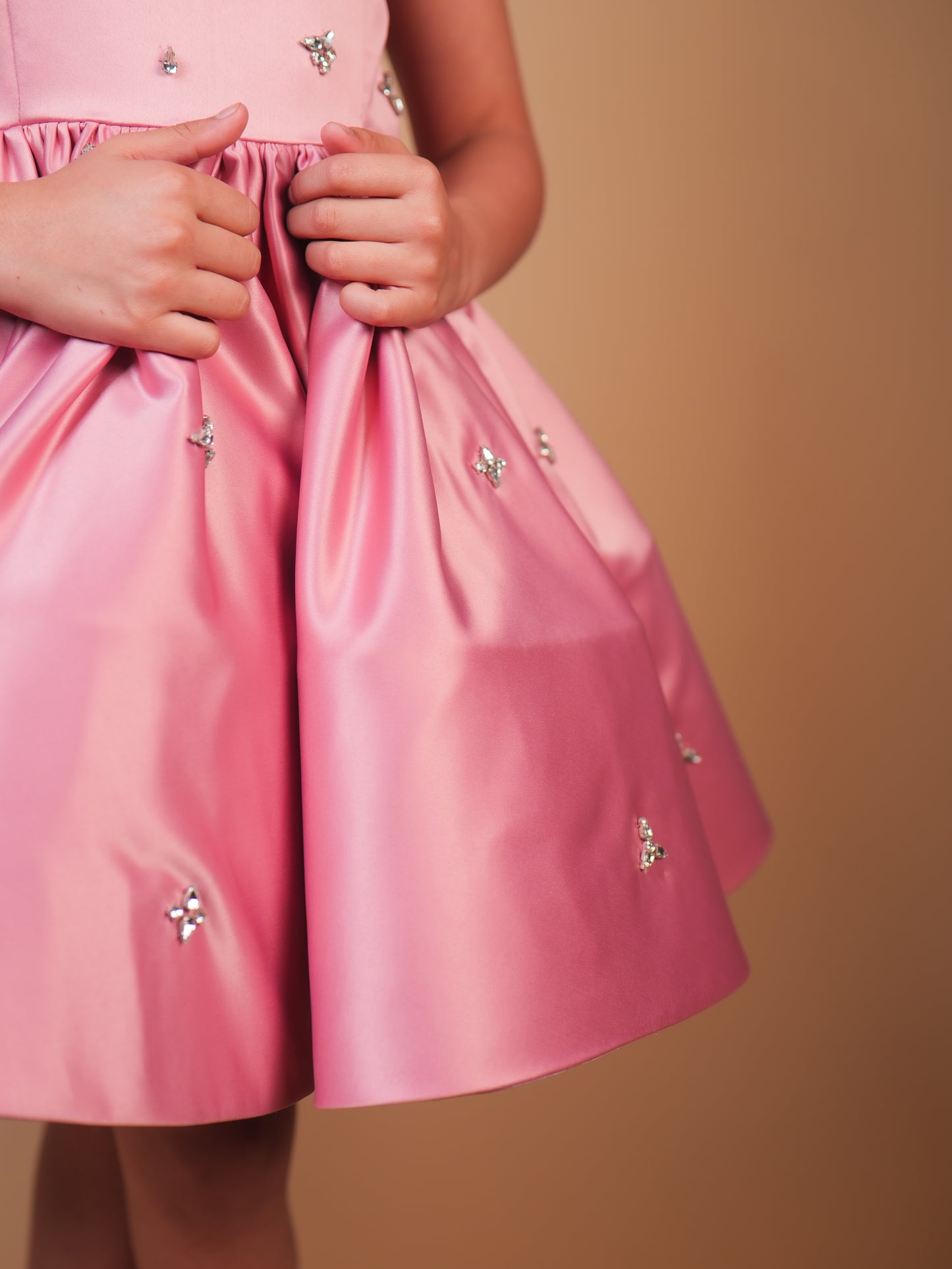 Pink Crystal Embellished Satin Party Dress