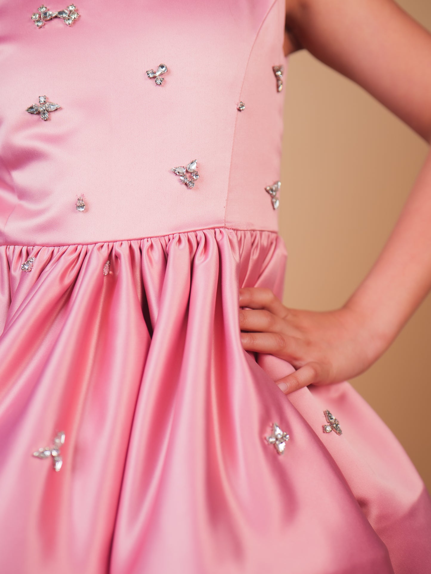 Pink Crystal Embellished Satin Party Dress