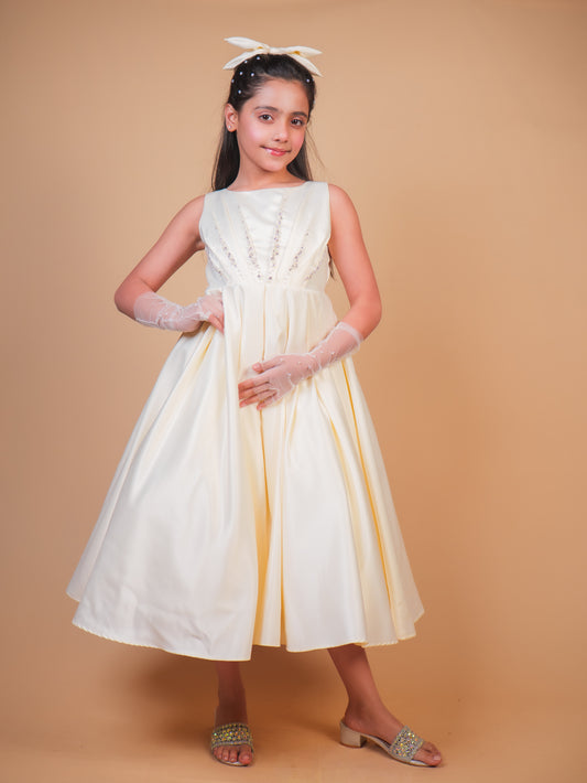 Off-White Pearl Embellished Satin Gown