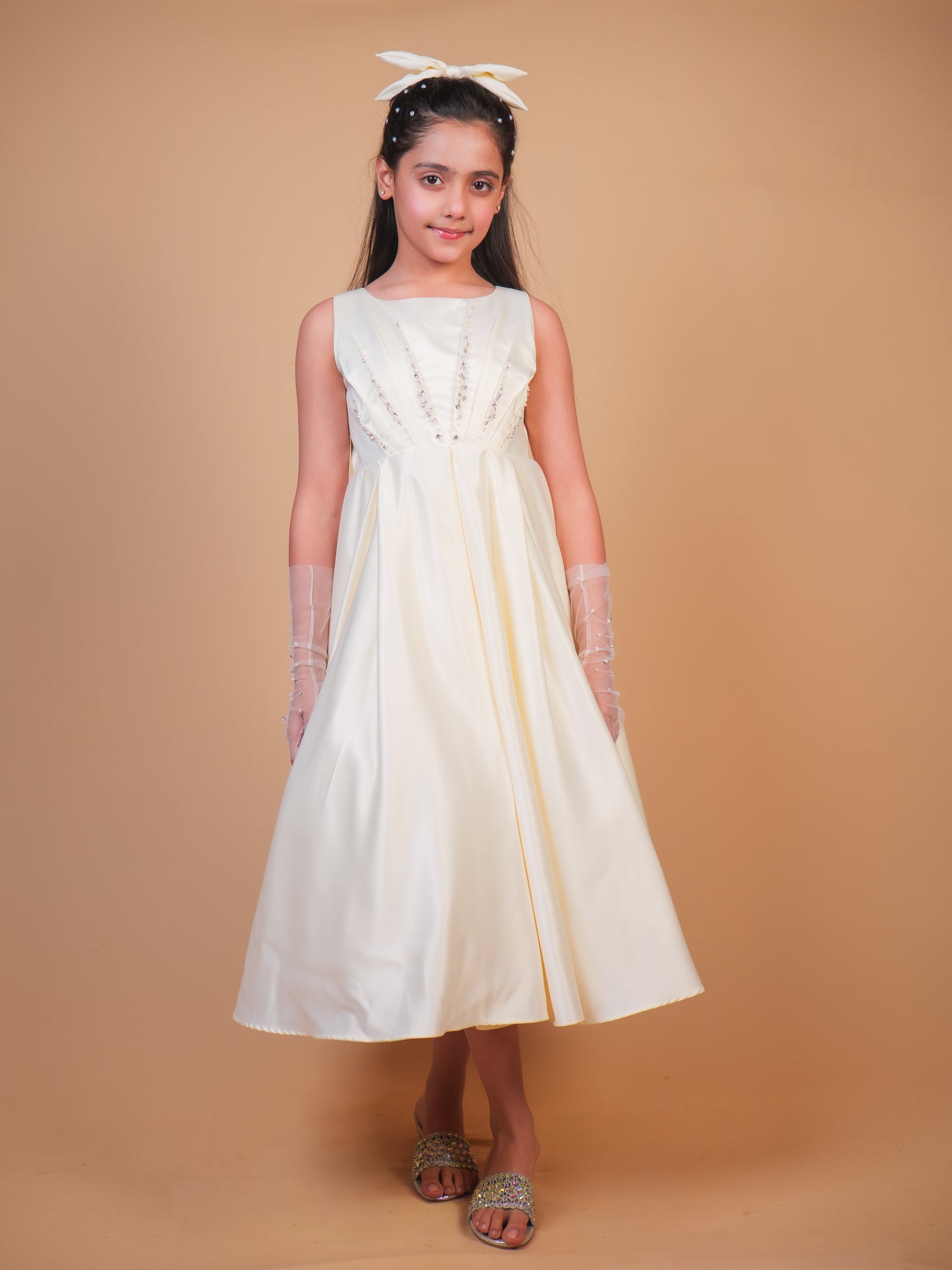 Off-White Pearl Embellished Satin Gown