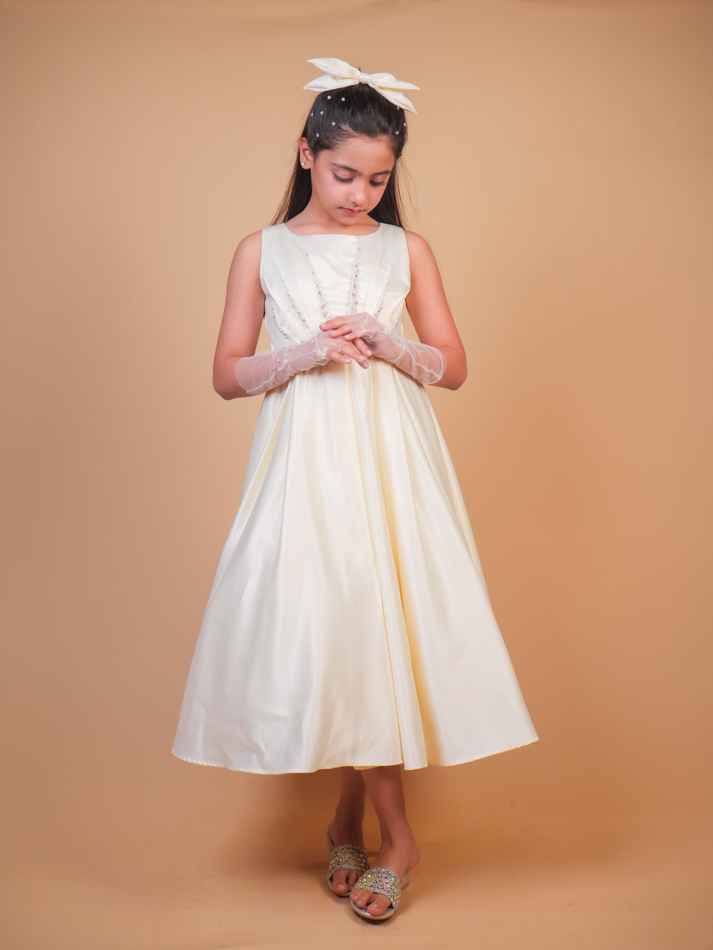 Off-White Pearl Embellished Satin Gown