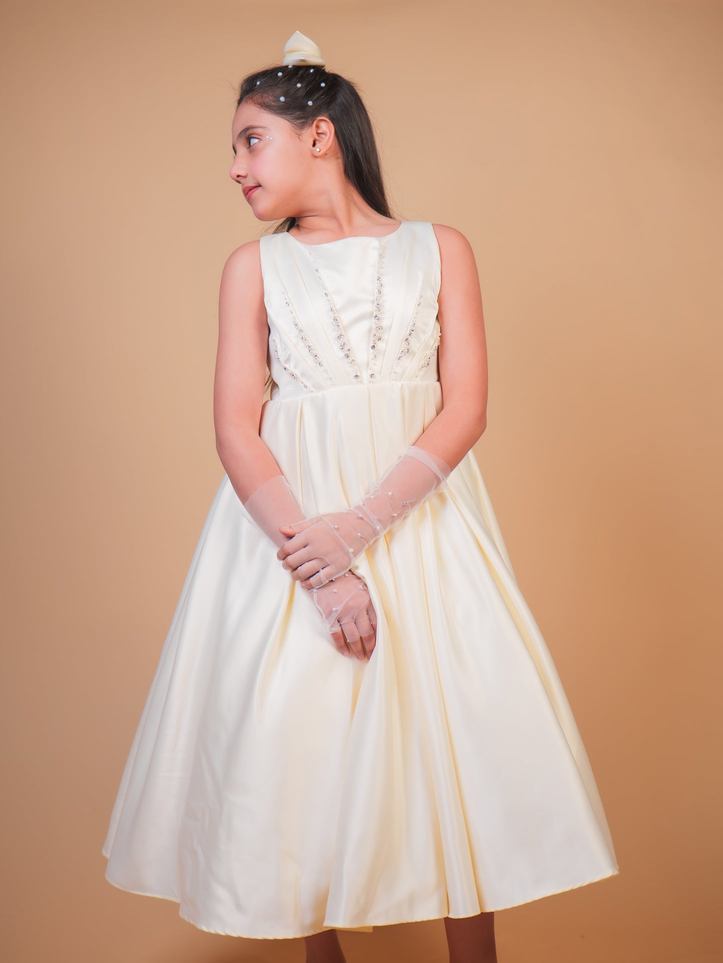 Off-White Pearl Embellished Satin Gown