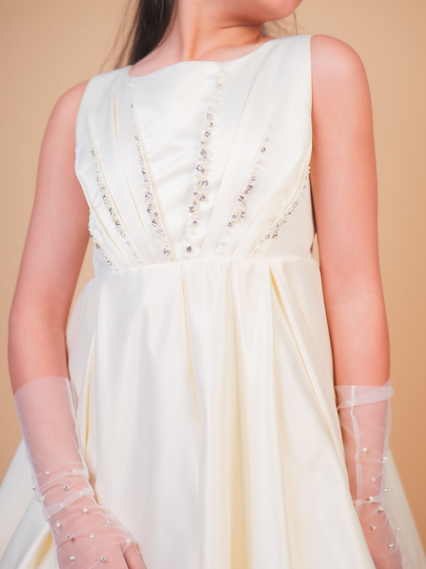 Off-White Pearl Embellished Satin Gown