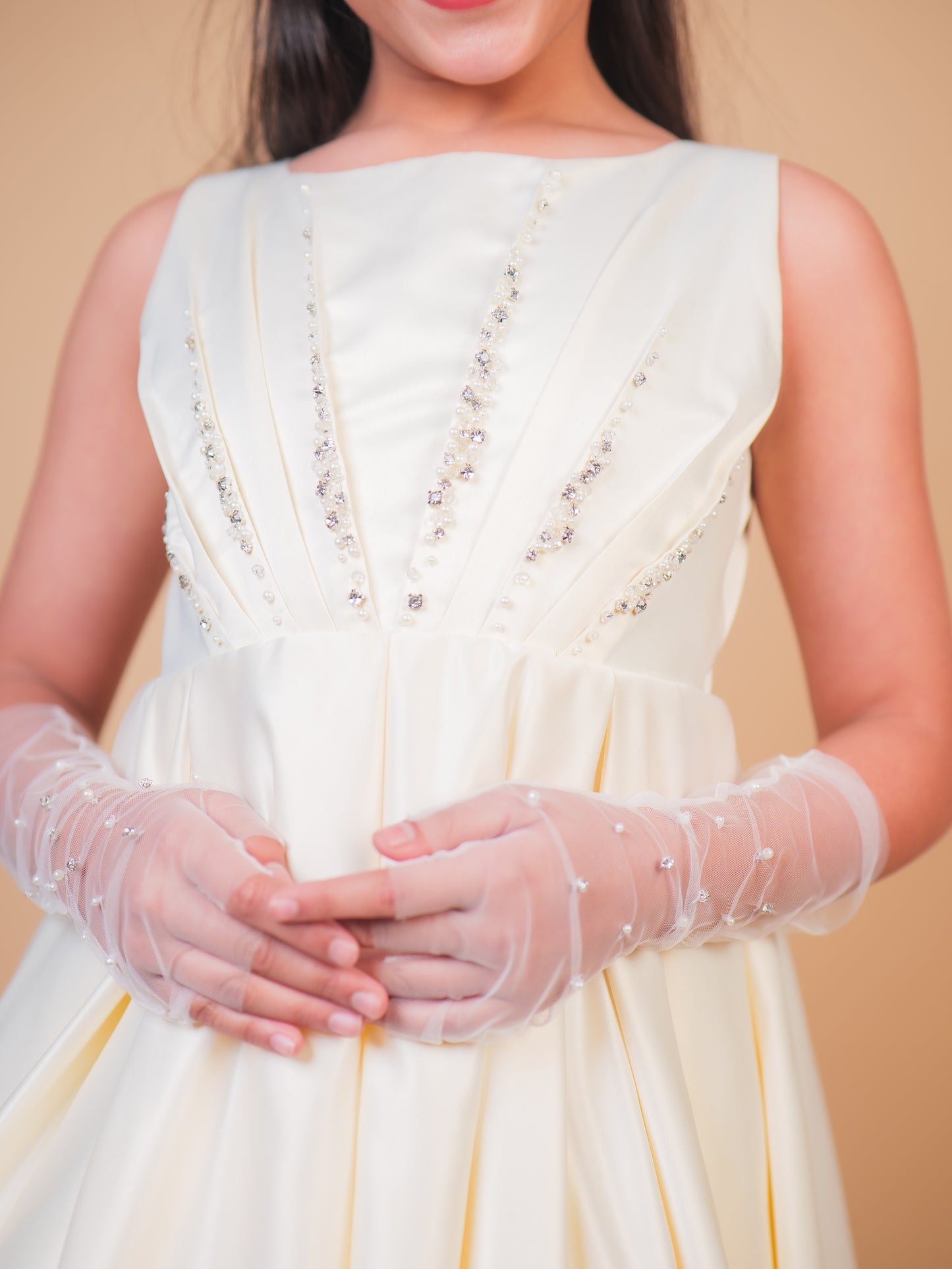 Off-White Pearl Embellished Satin Gown