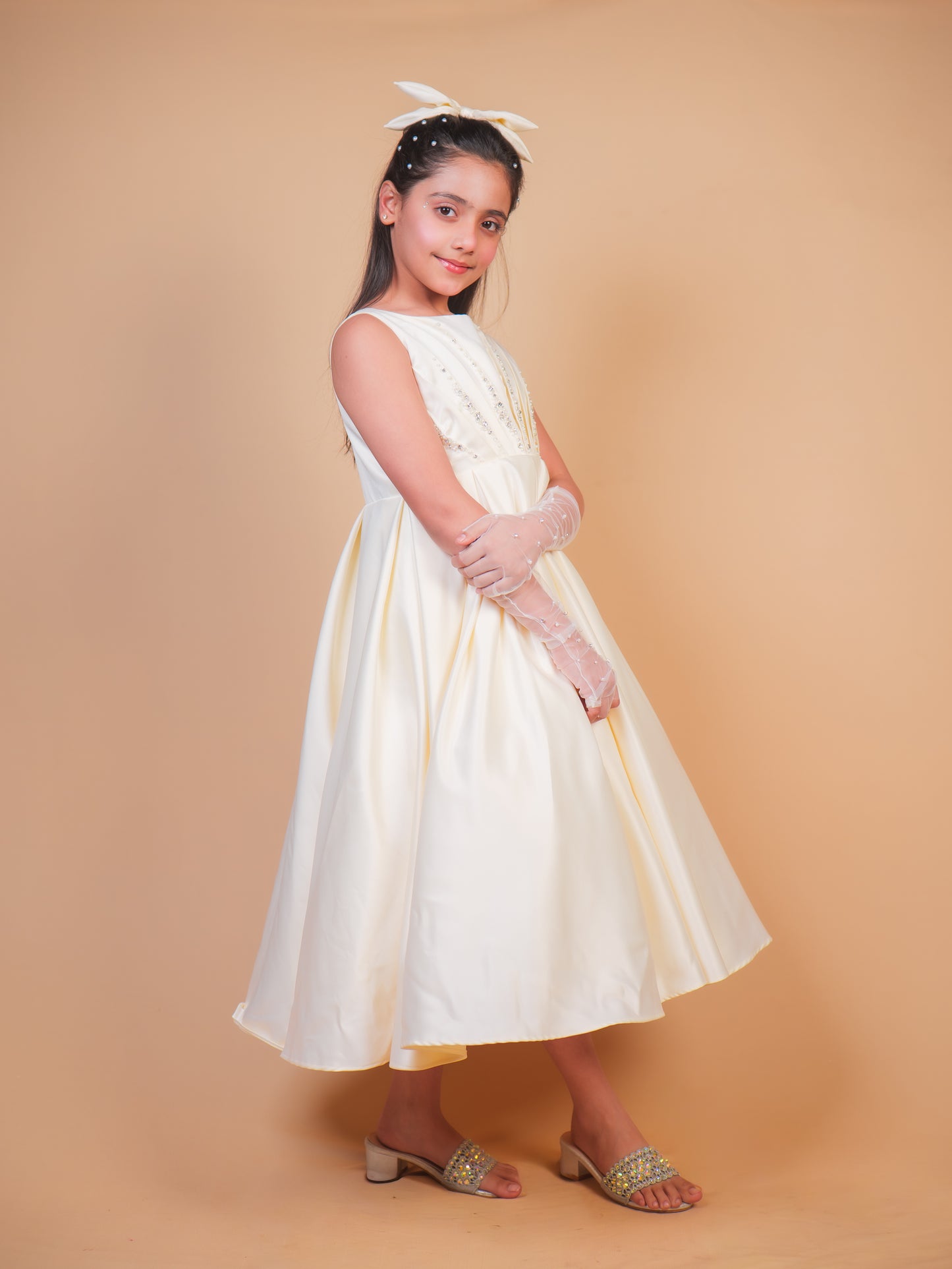 Off-White Pearl Embellished Satin Gown