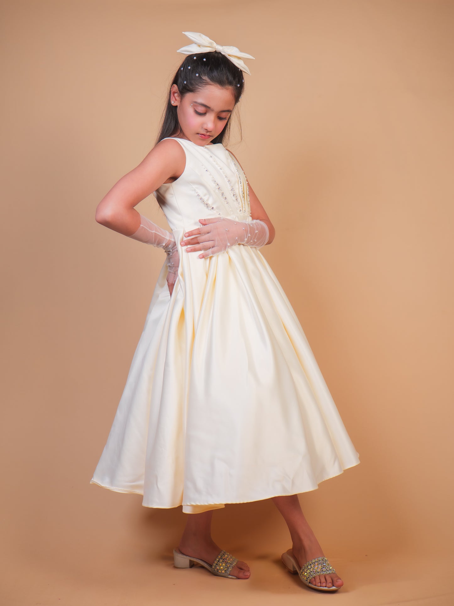 Off-White Pearl Embellished Satin Gown
