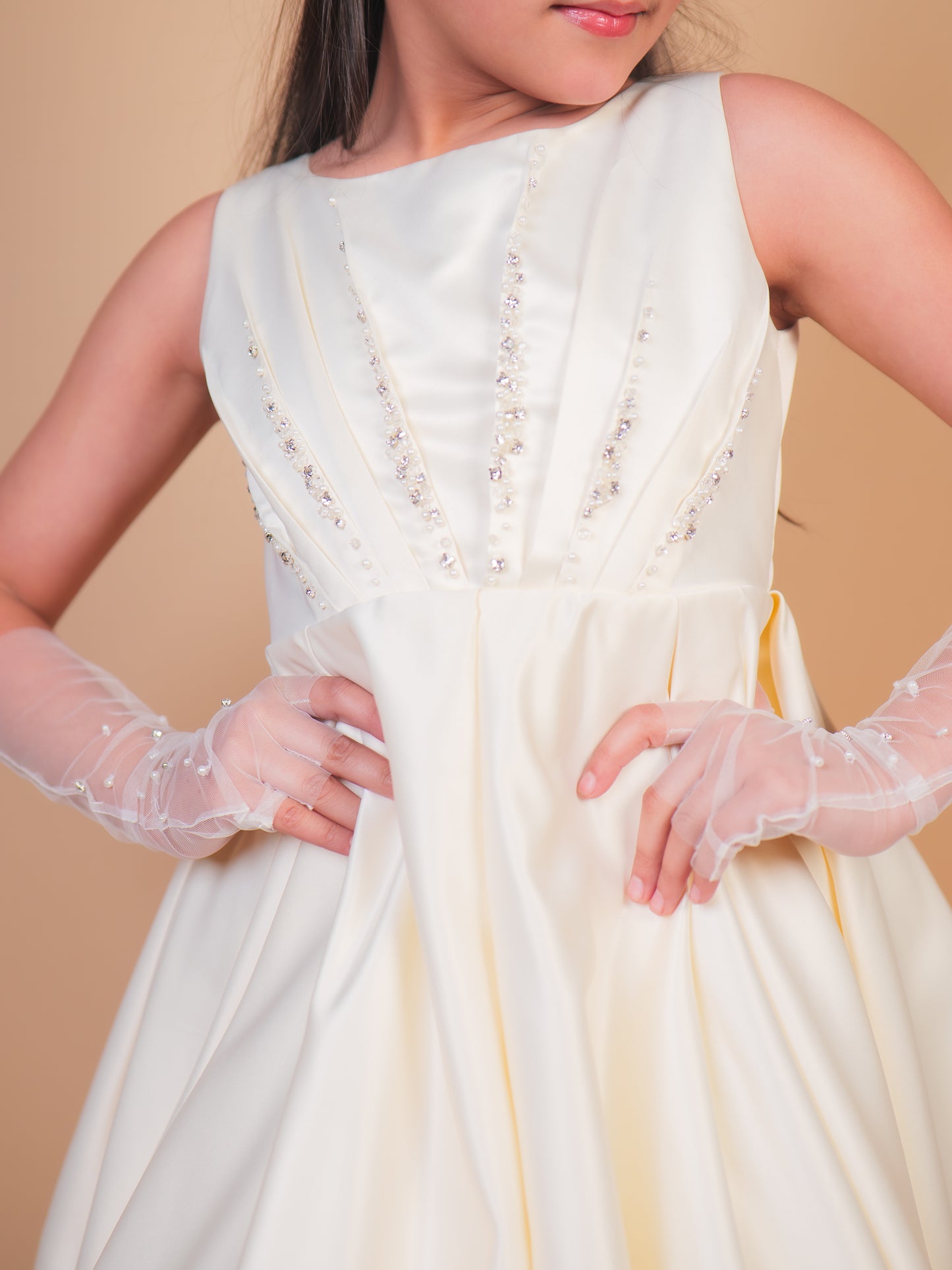Off-White Pearl Embellished Satin Gown