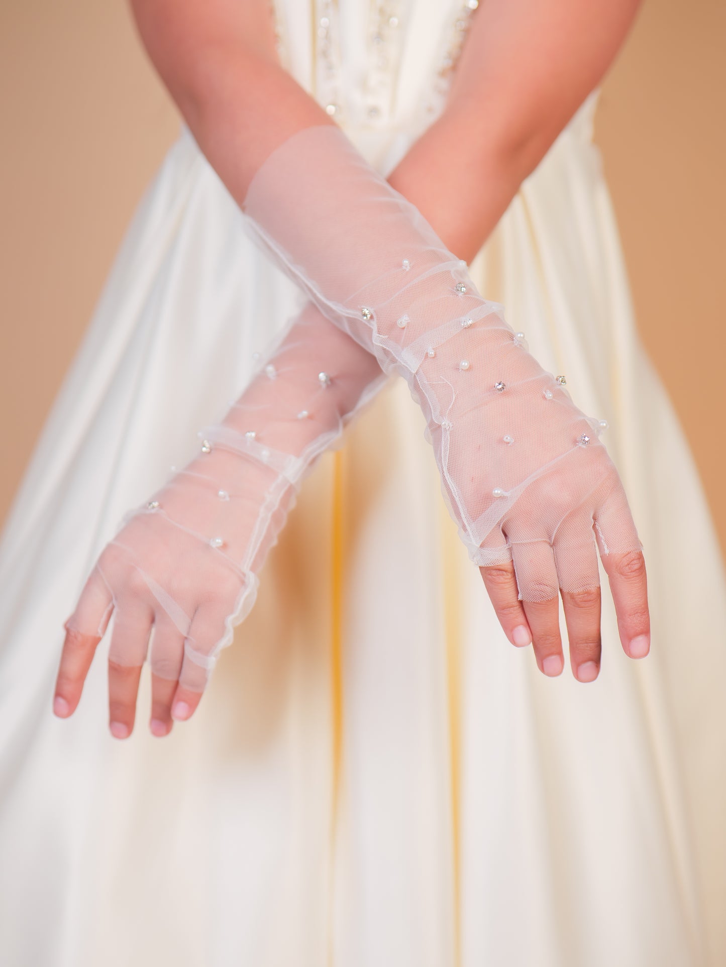 Off-White Pearl Embellished Satin Gown