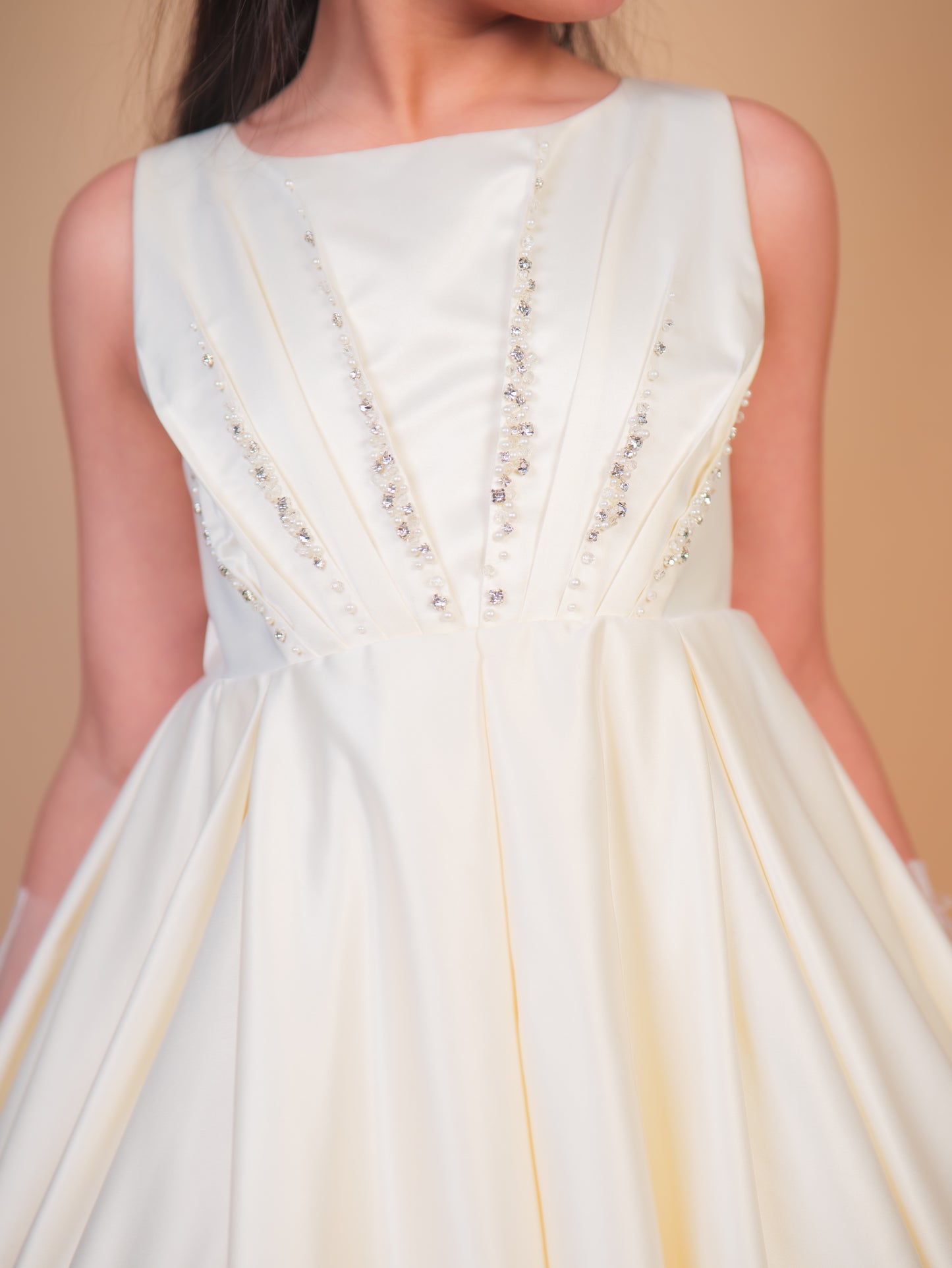 Off-White Pearl Embellished Satin Gown
