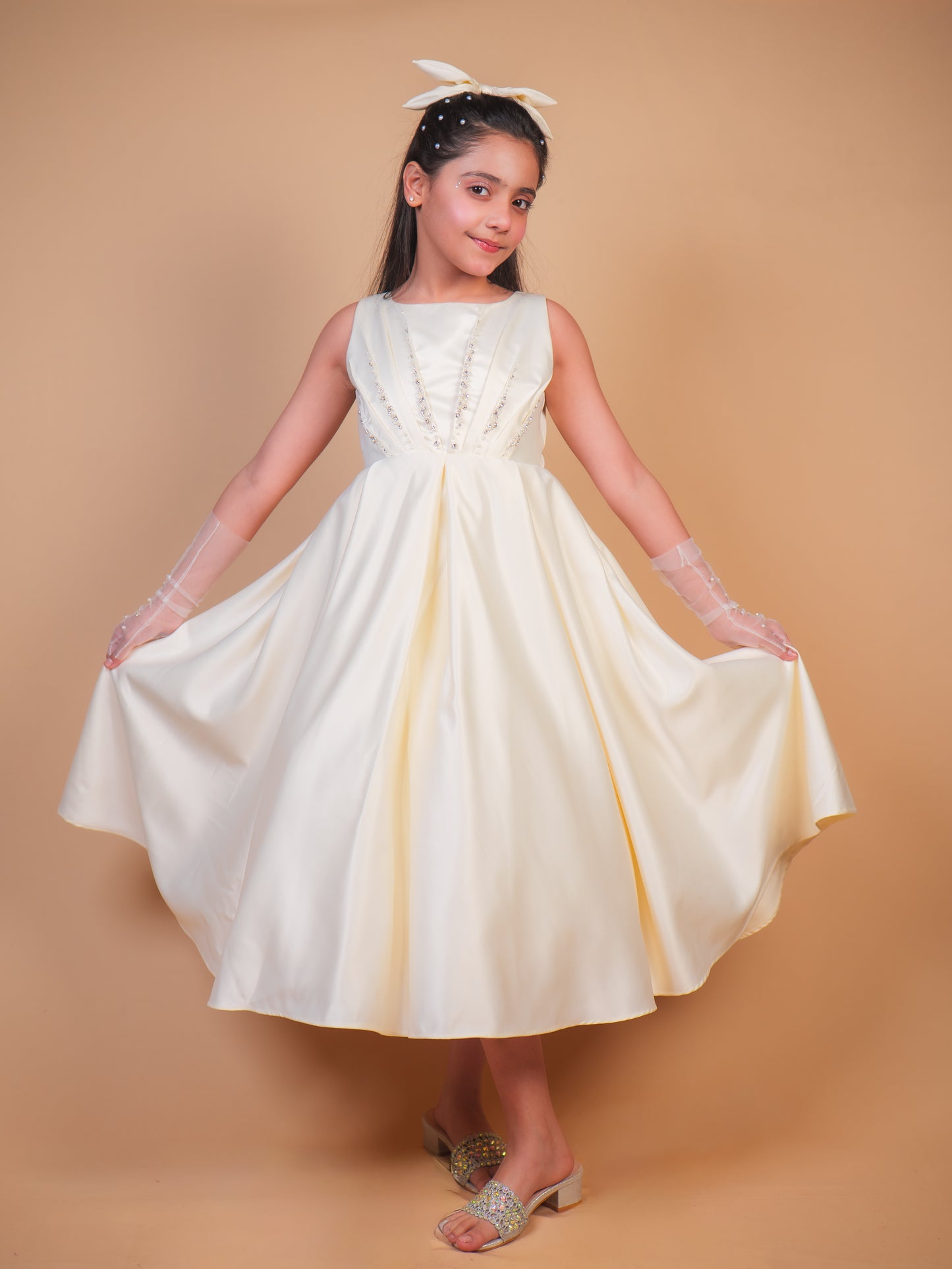 Off-White Pearl Embellished Satin Gown