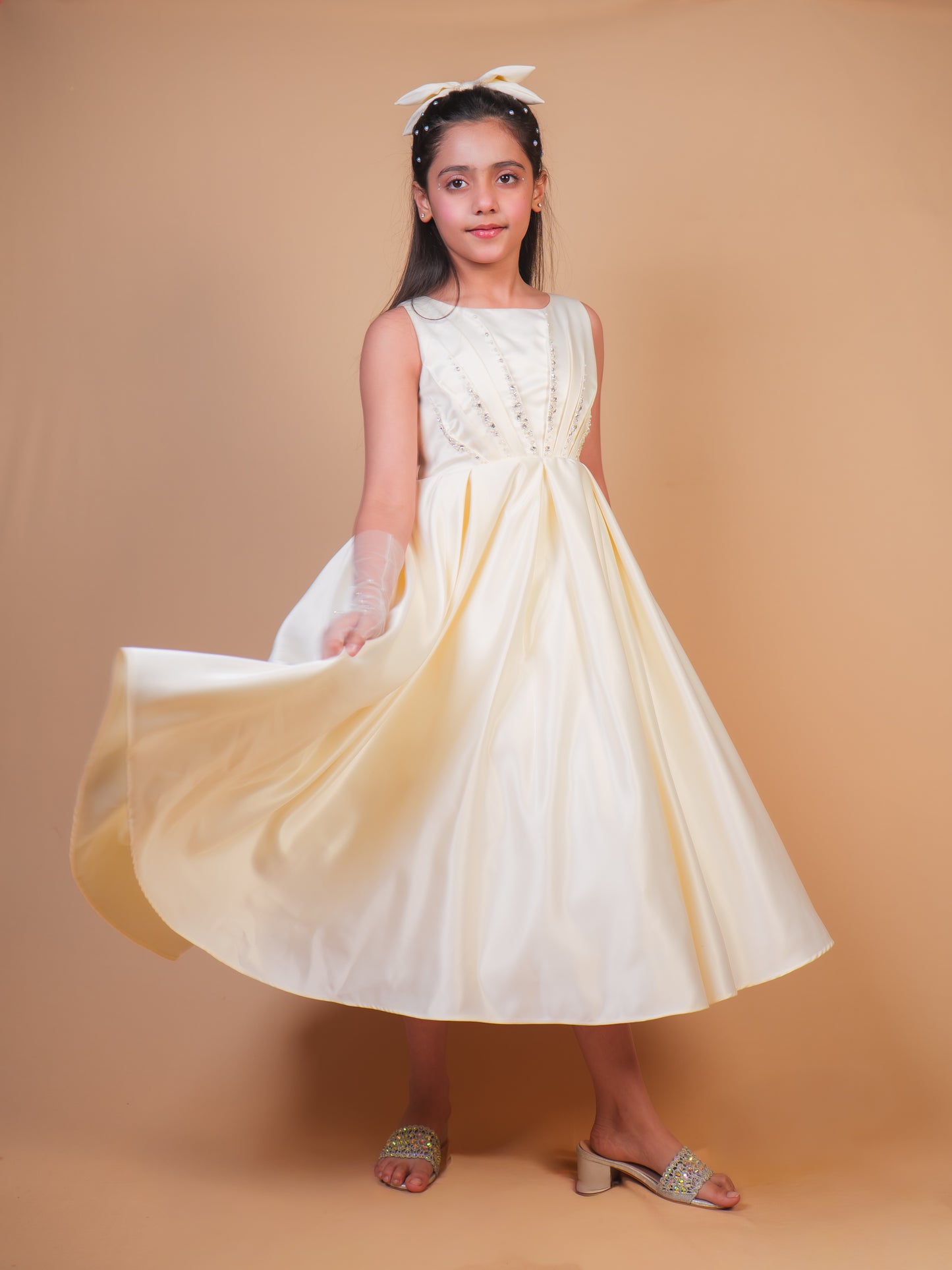Off-White Pearl Embellished Satin Gown