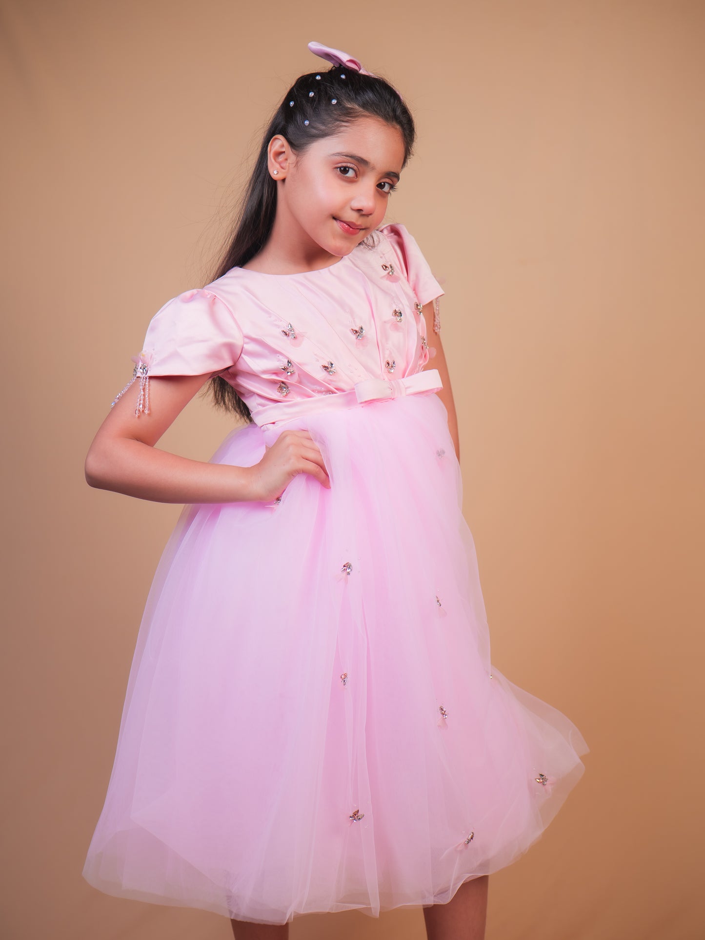 Pink Butterfly Embellished Party Gown