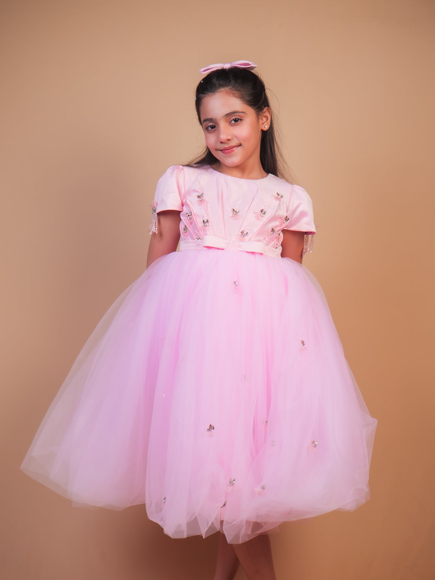 Pink Butterfly Embellished Party Gown
