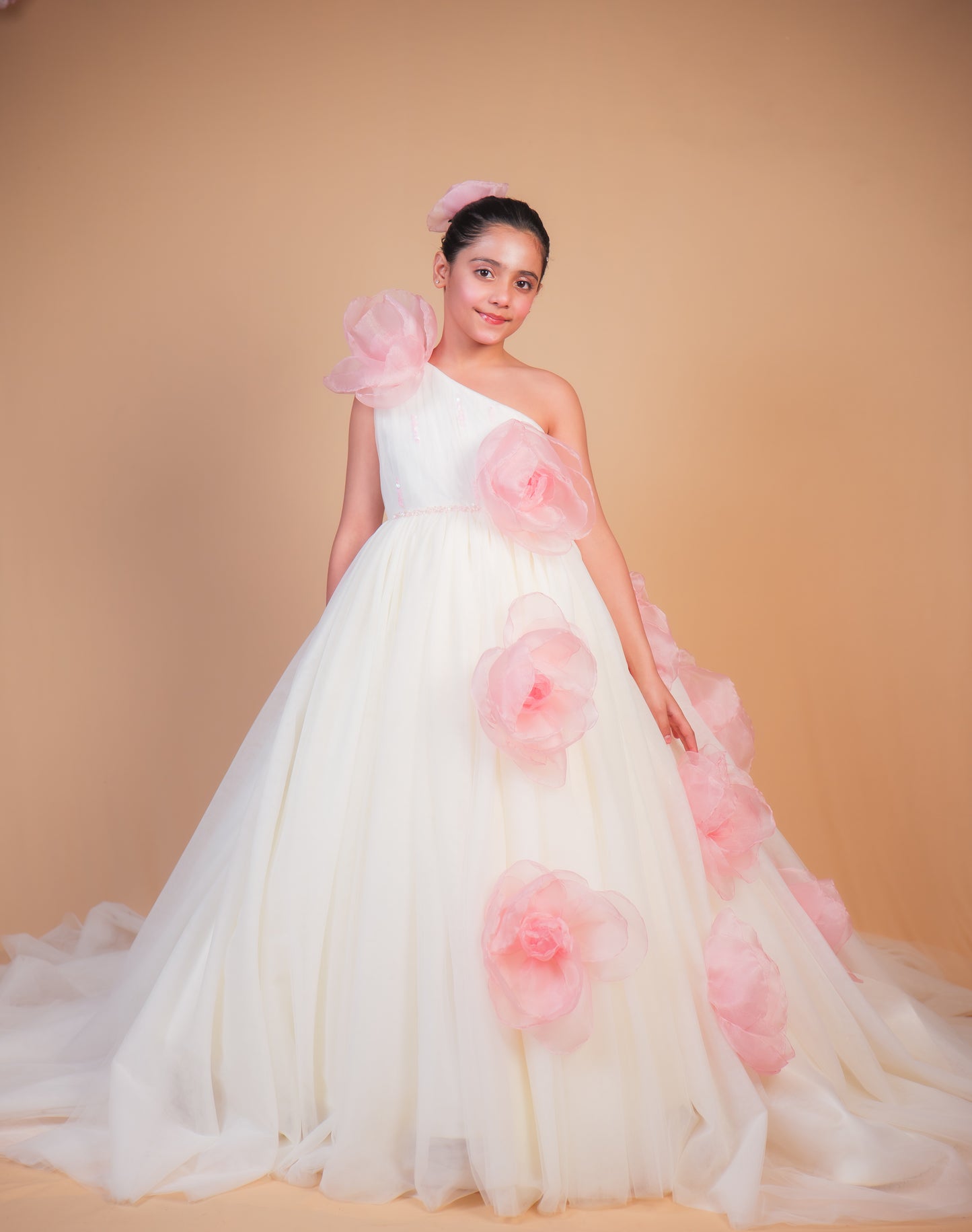 Off-White & Pink Floral Trail Ball Gown