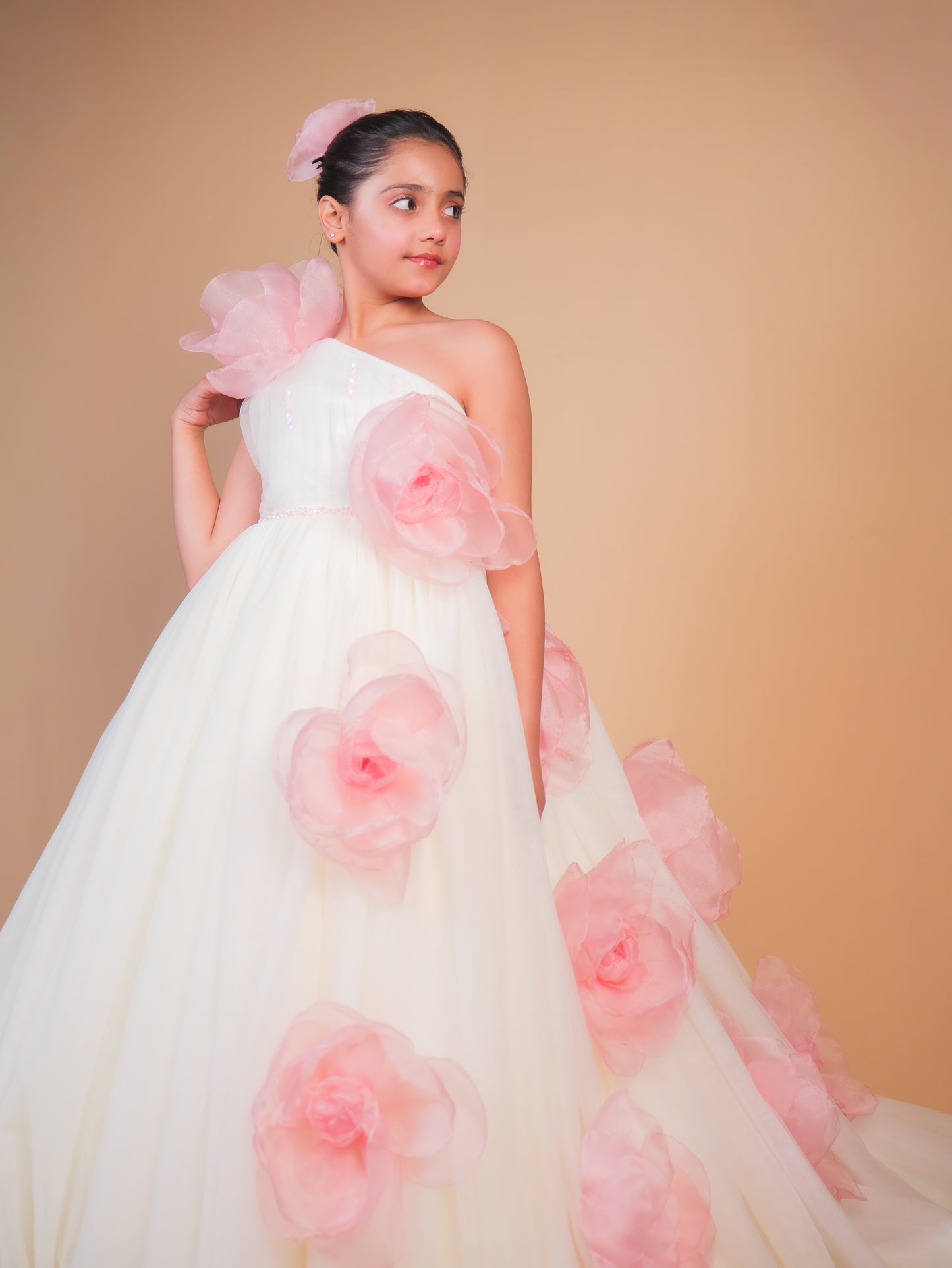 Off-White & Pink Floral Trail Ball Gown