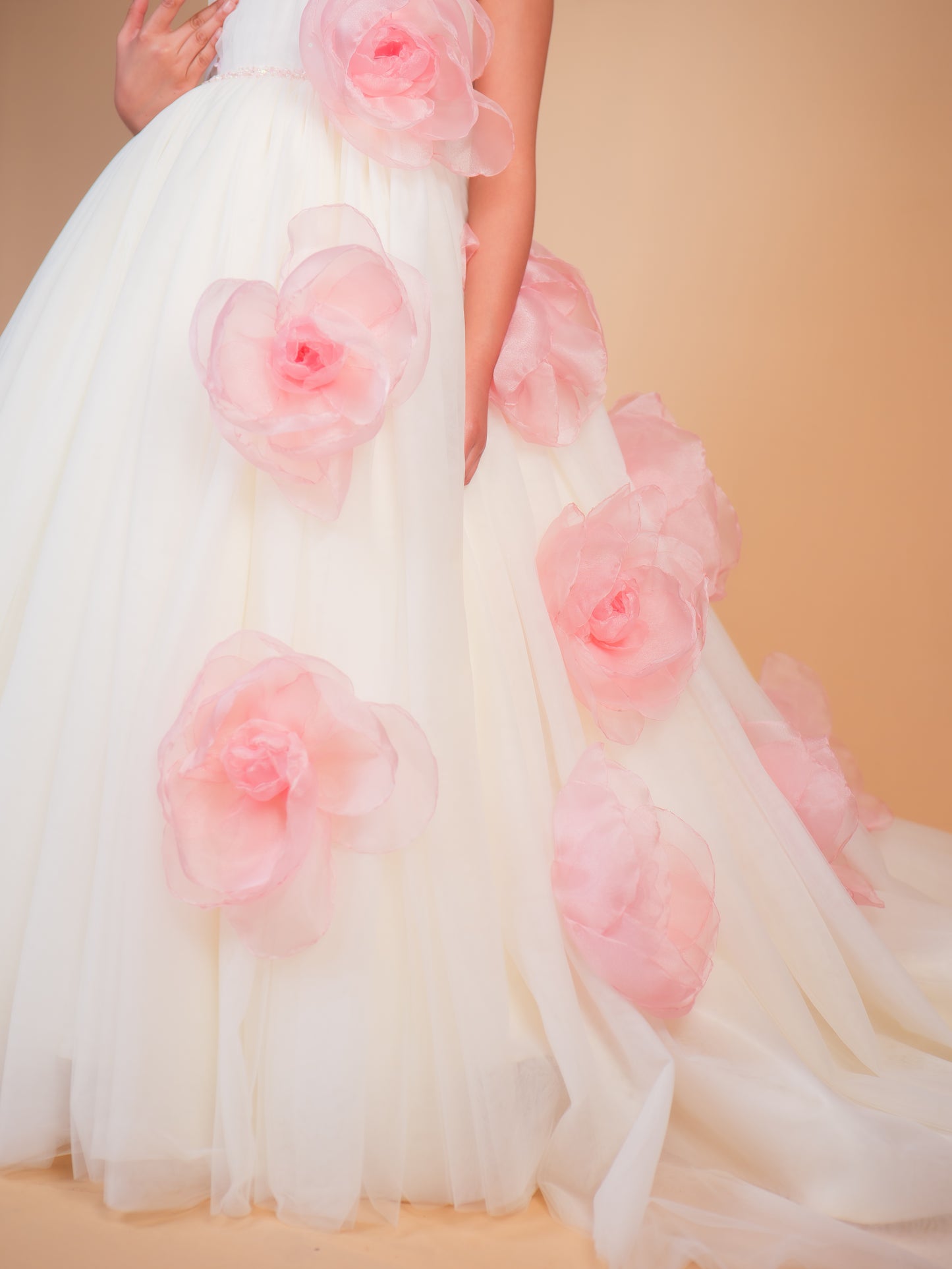 Off-White & Pink Floral Trail Ball Gown