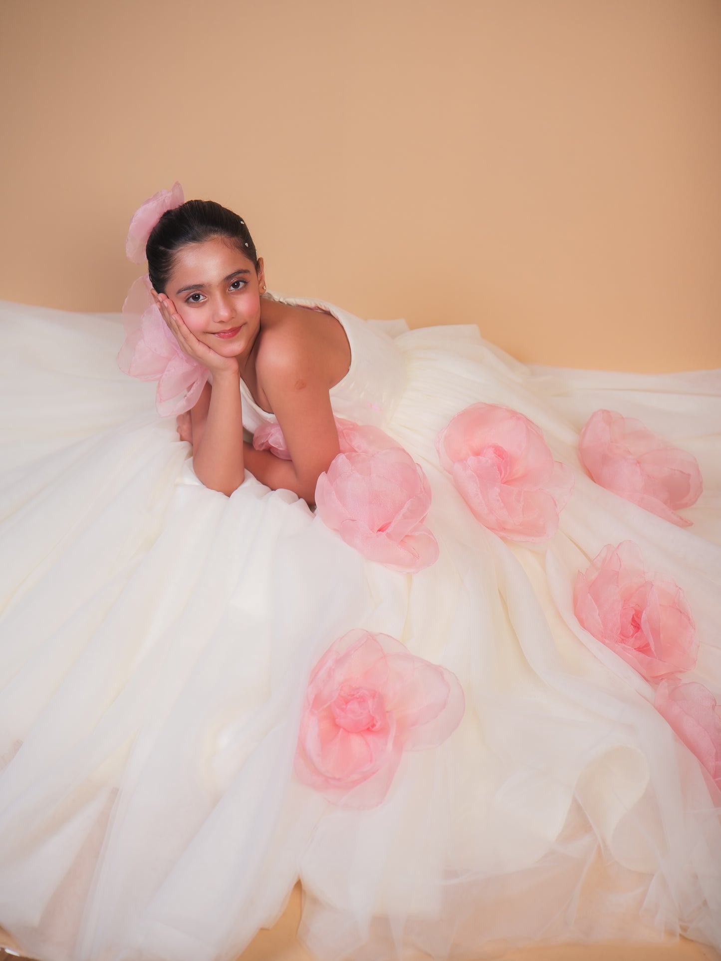 Off-White & Pink Floral Trail Ball Gown