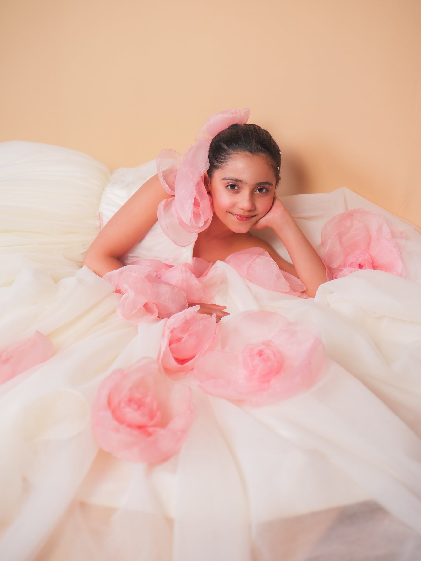 Off-White & Pink Floral Trail Ball Gown