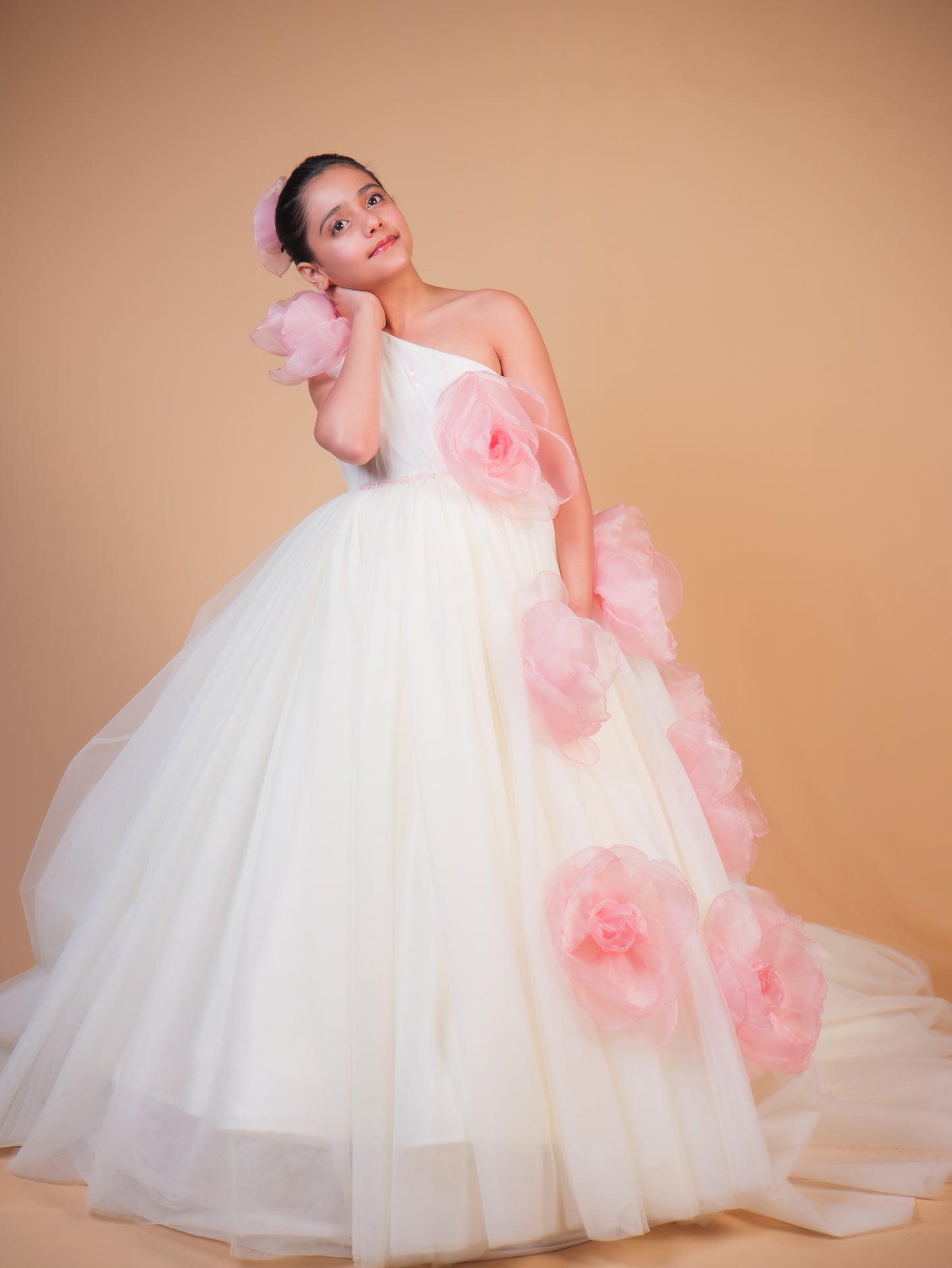 Off-White & Pink Floral Trail Ball Gown