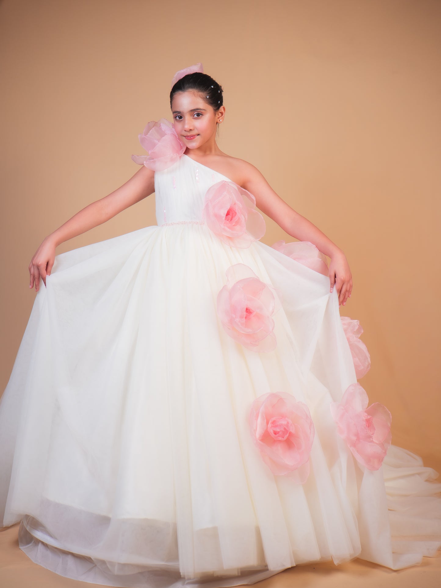 Off-White & Pink Floral Trail Ball Gown