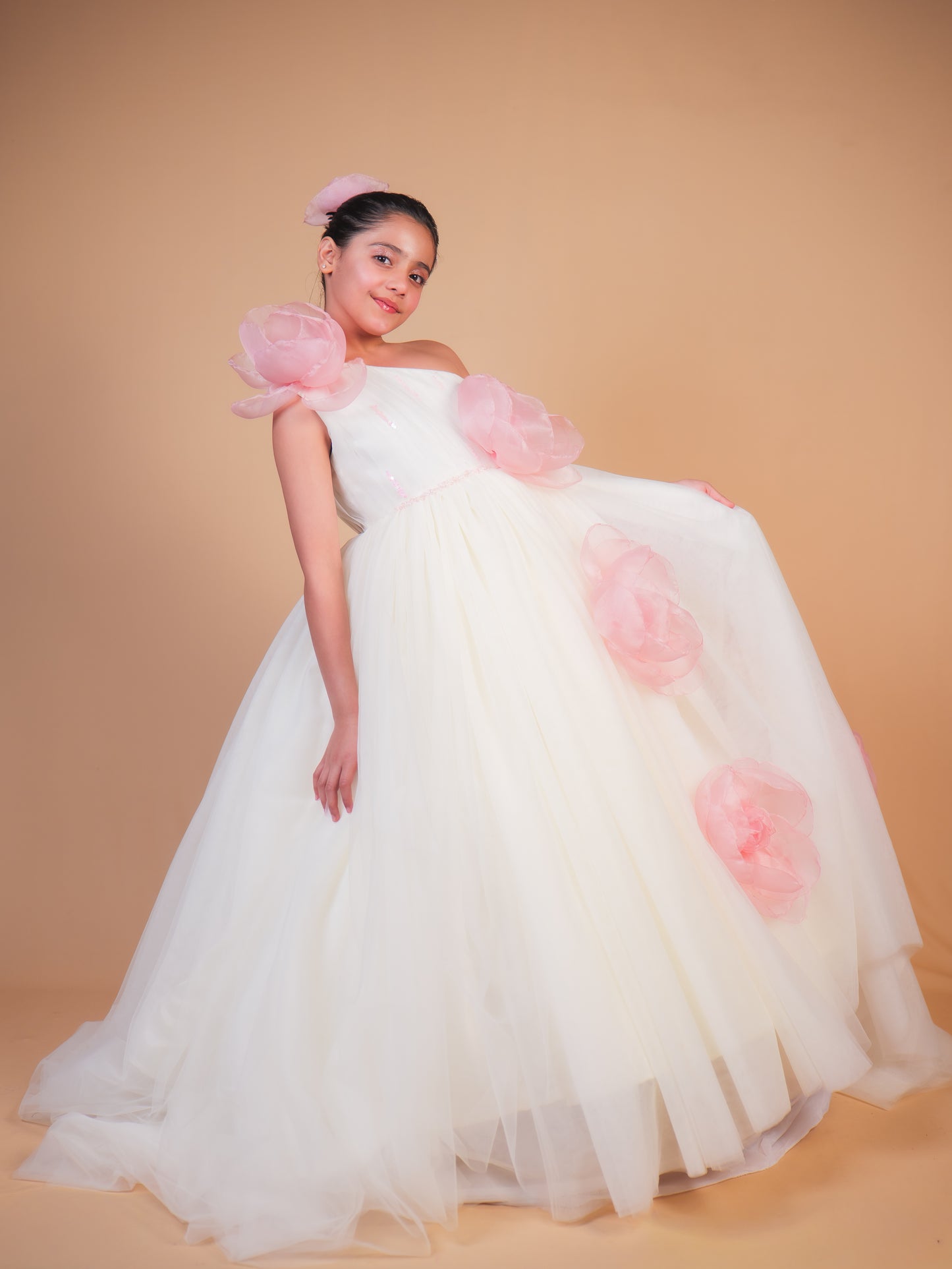 Off-White & Pink Floral Trail Ball Gown