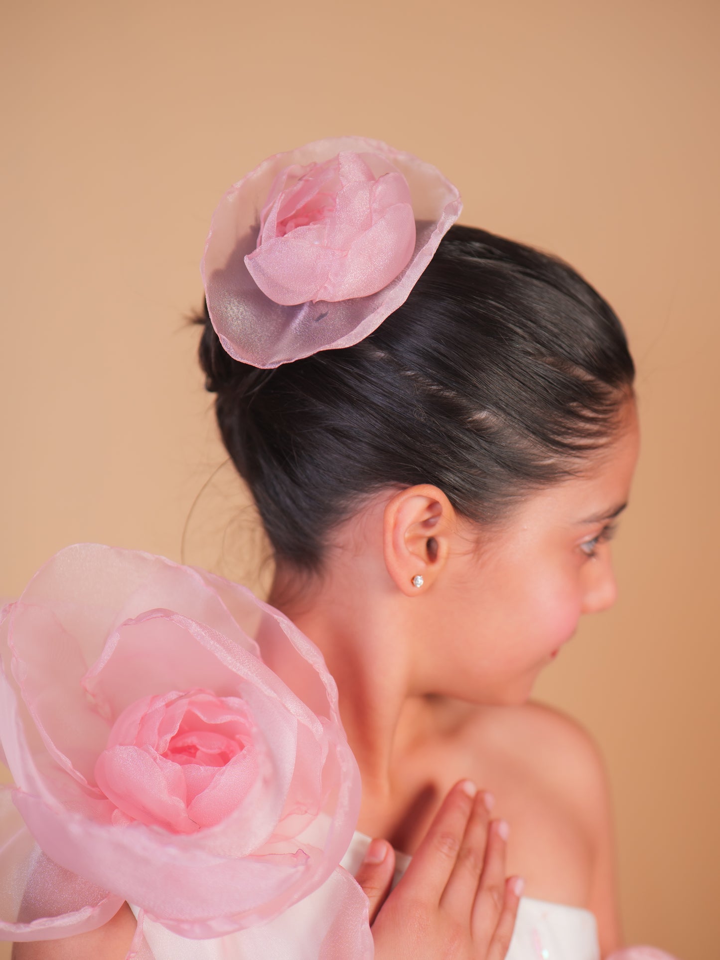 Off-White & Pink Floral Trail Ball Gown