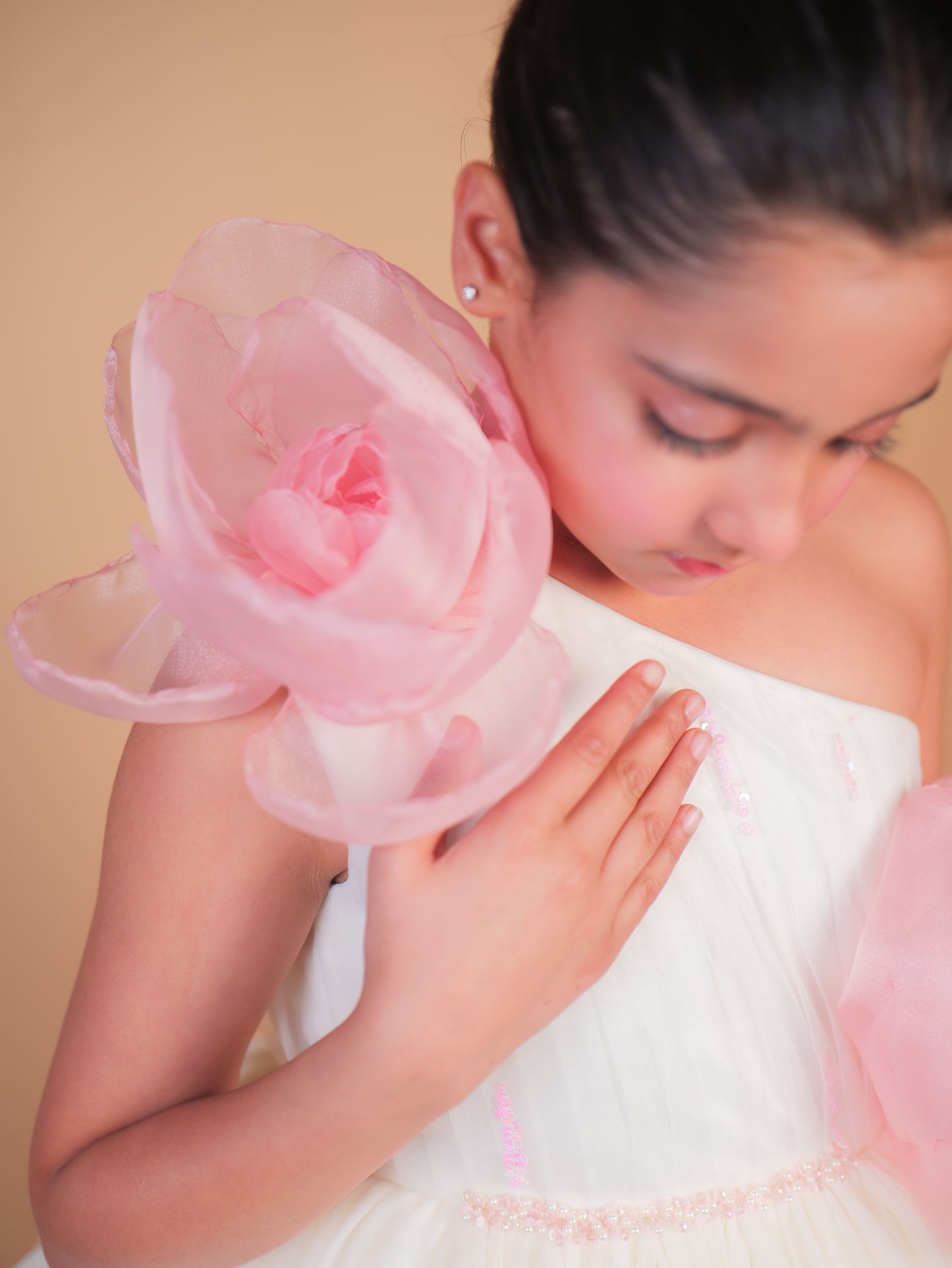Off-White & Pink Floral Trail Ball Gown