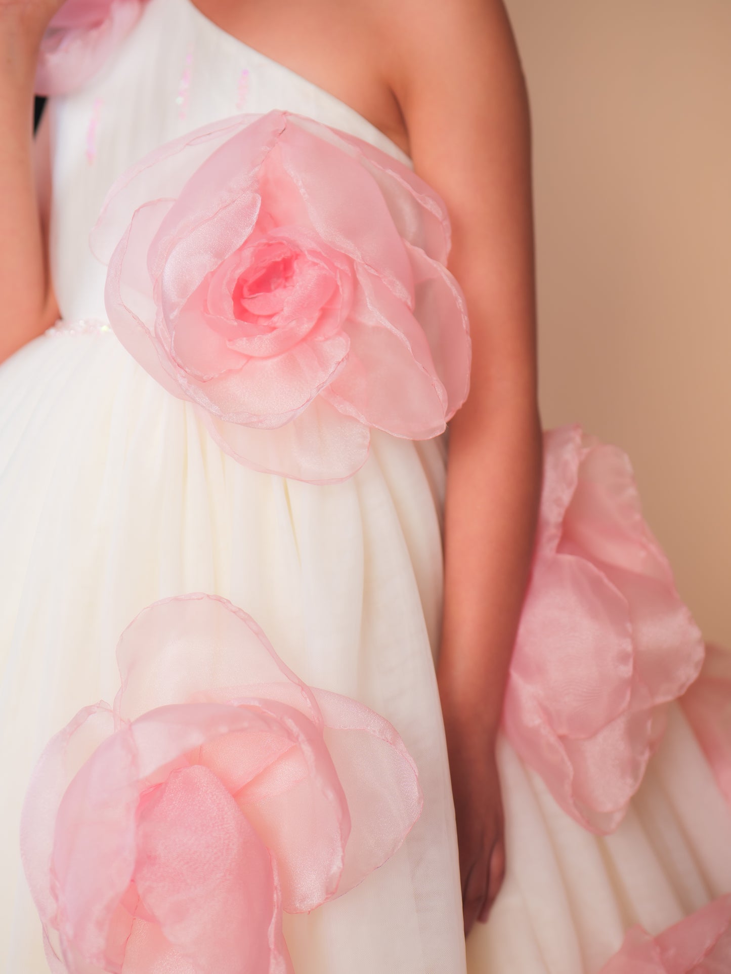Off-White & Pink Floral Trail Ball Gown