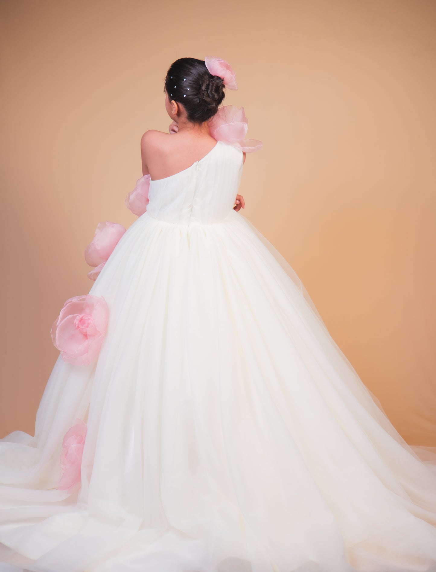 Off-White & Pink Floral Trail Ball Gown