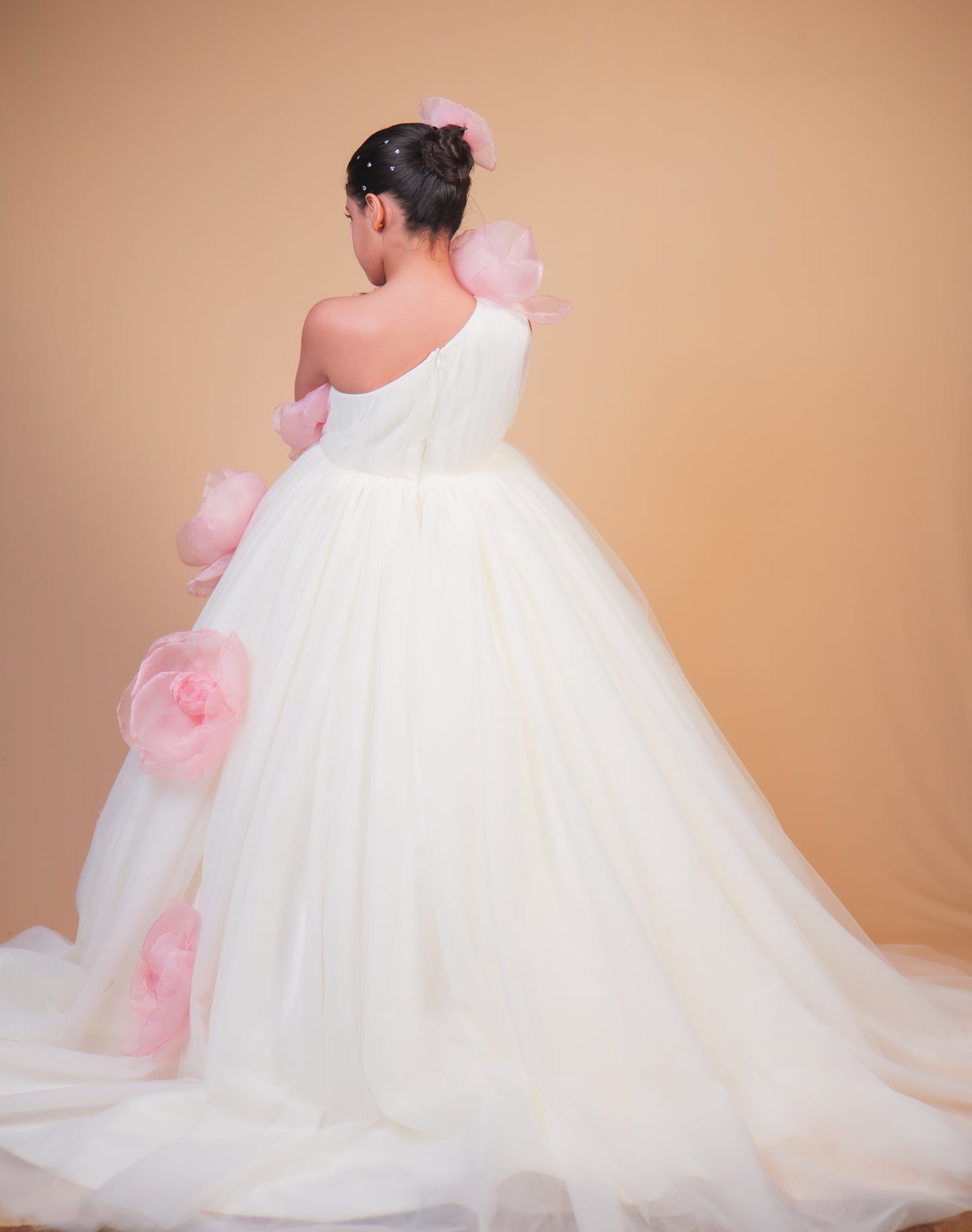 Off-White & Pink Floral Trail Ball Gown