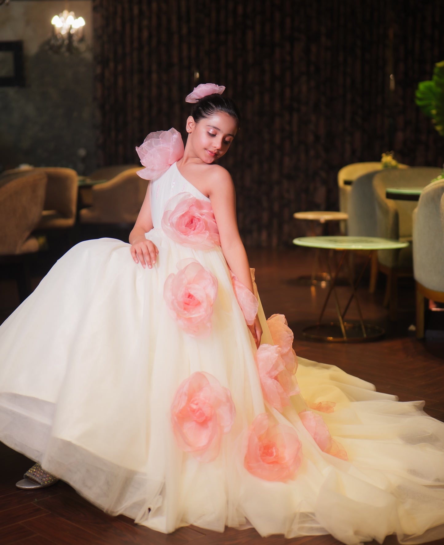 Off-White & Pink Floral Trail Ball Gown