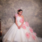 Off-White & Pink Floral Trail Ball Gown
