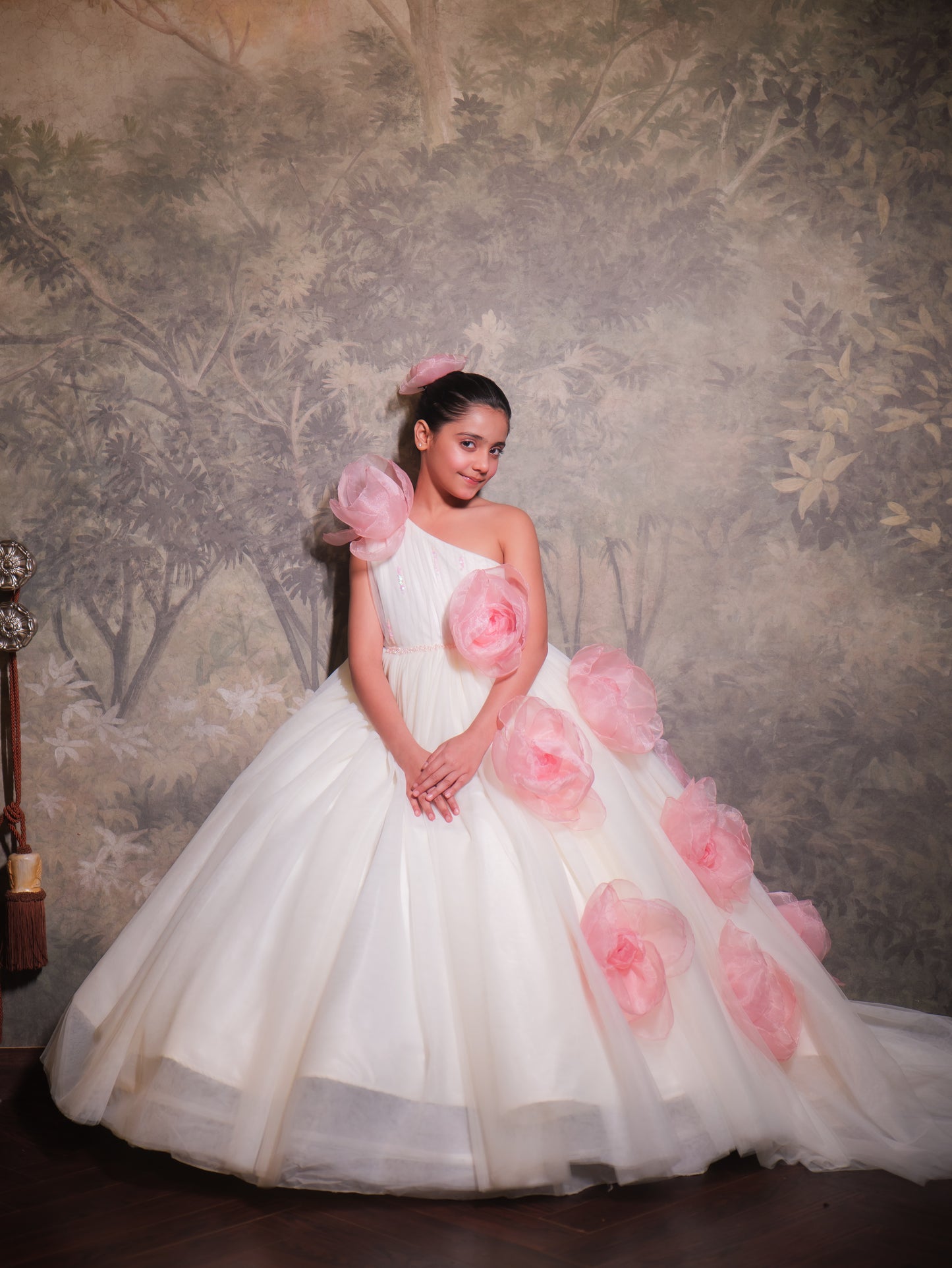 Off-White & Pink Floral Trail Ball Gown