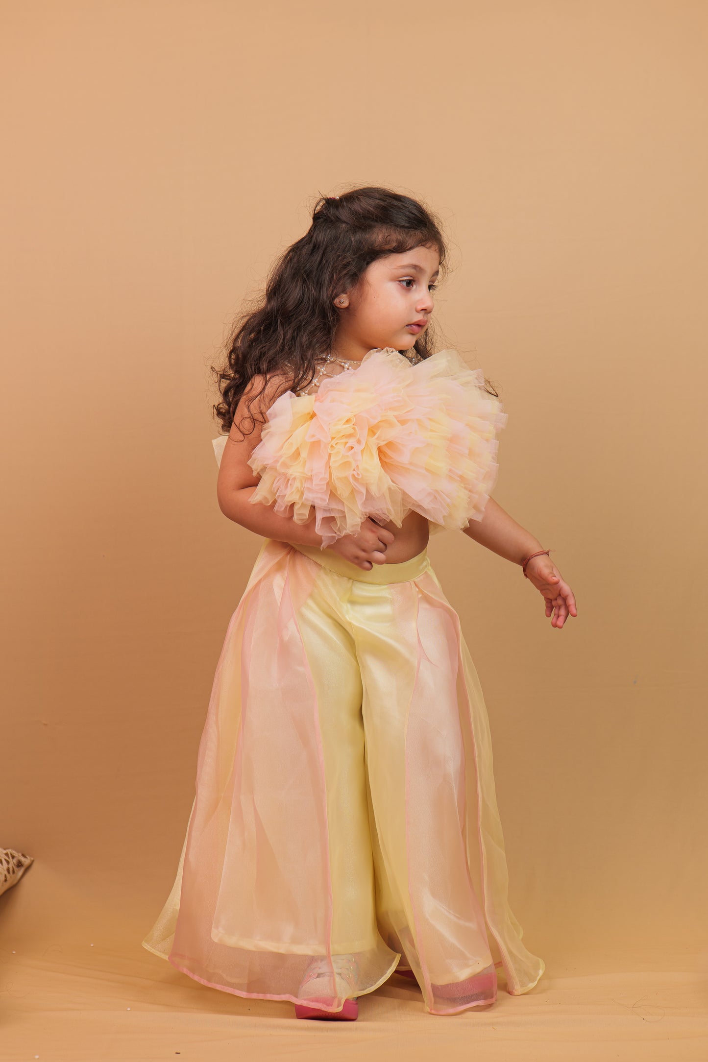 Saija Indo-Western Set Peach Lemon Crop Top with Pants
